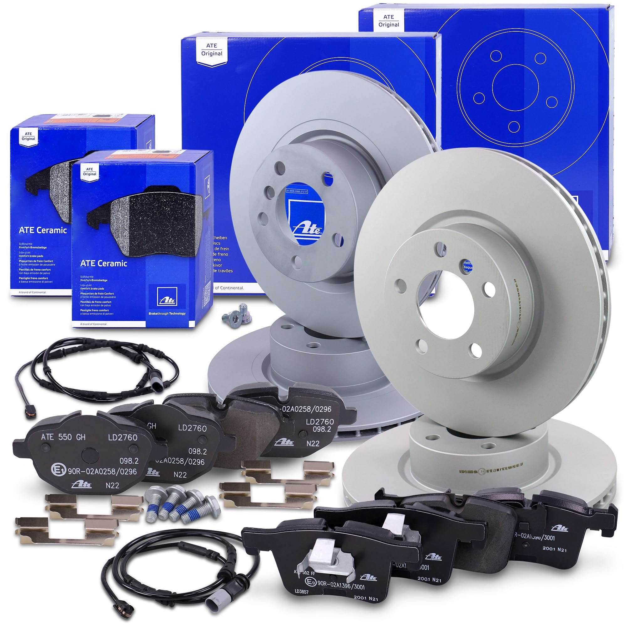 ATE Set di freni +dischi freno anteriori ¯ 328mm ventilati +posteriori ¯ 330mm ventilati e pastiglie freno in ceramica anteriori +posteriori e contatto di usura Compatibile con BMW X3 (F25), X4 (F26)