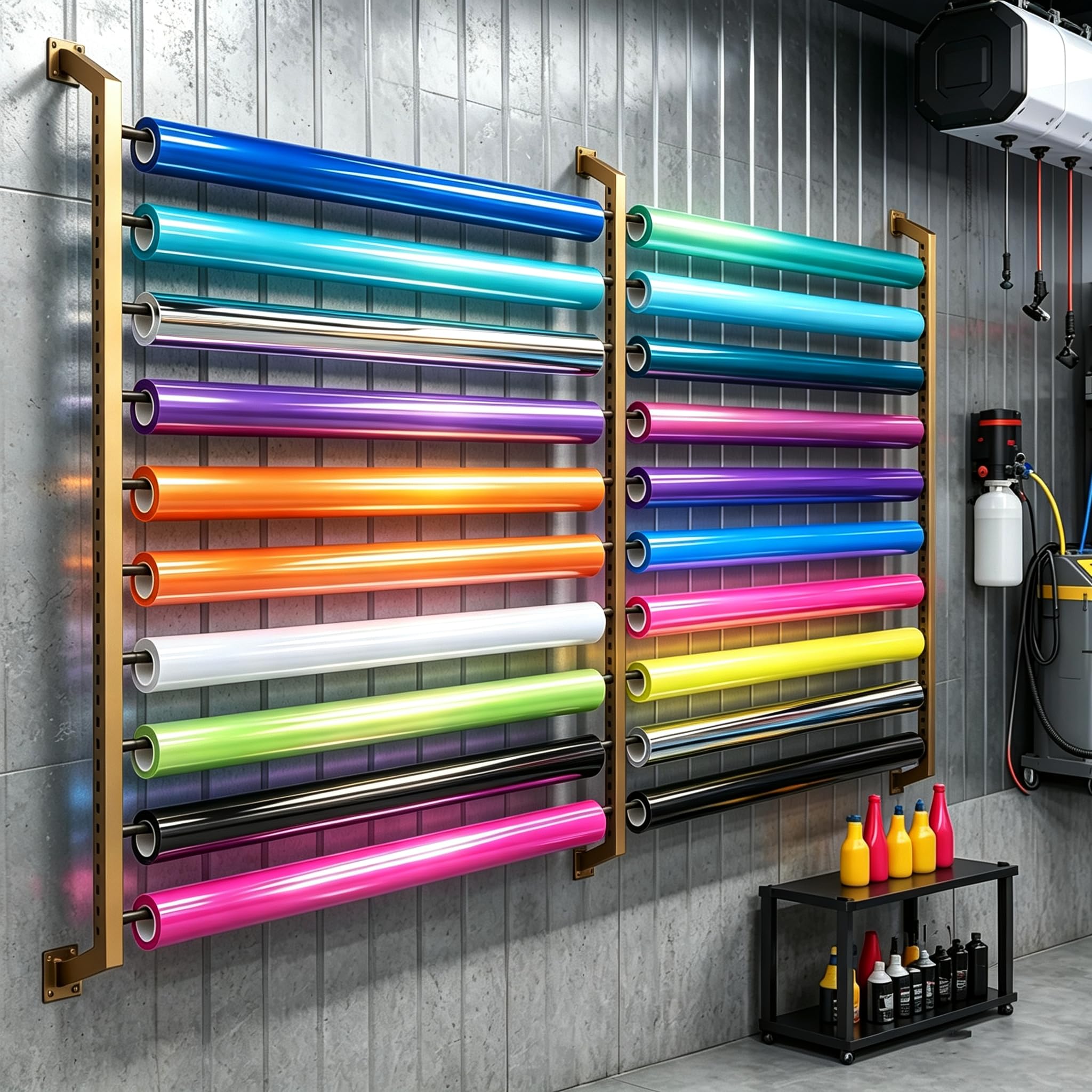 Wall Mount Fabric Roll Storage Rack, 8 Rod Vinyl Paper Roll Holder with Adjustable Hanging Rod, 68IN W Heavy Duty Display Shelf for Auto Shop, Warehouse, Showroom, Home Textile (Gold, 20-Row)