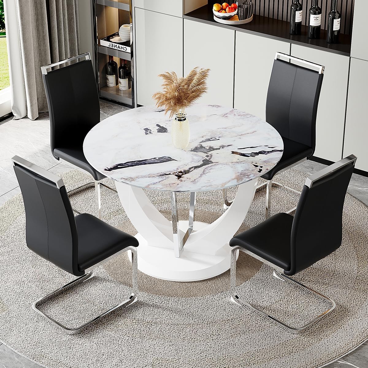 JUFU Round Faux Marble Dining Set