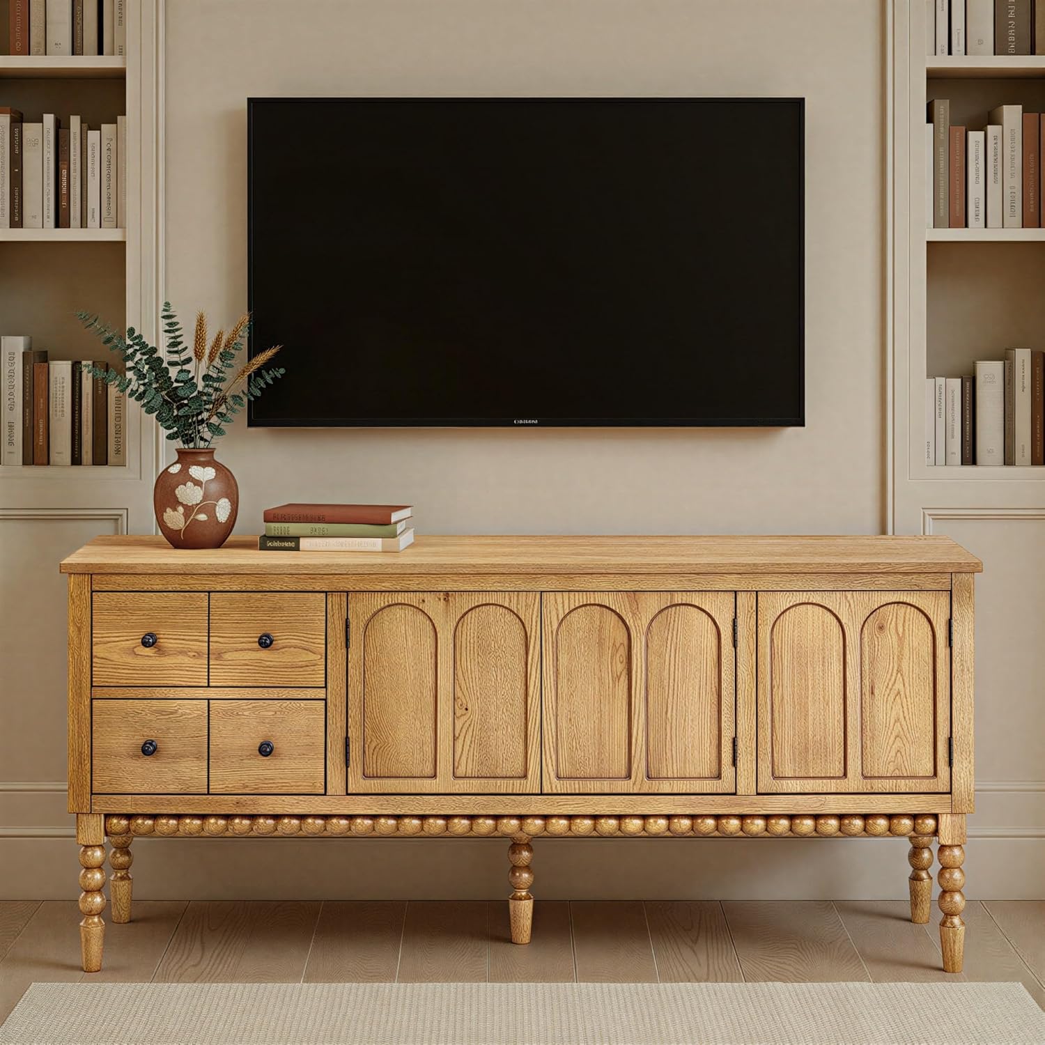 65 inch cottage entertainment console in prairie oak full view