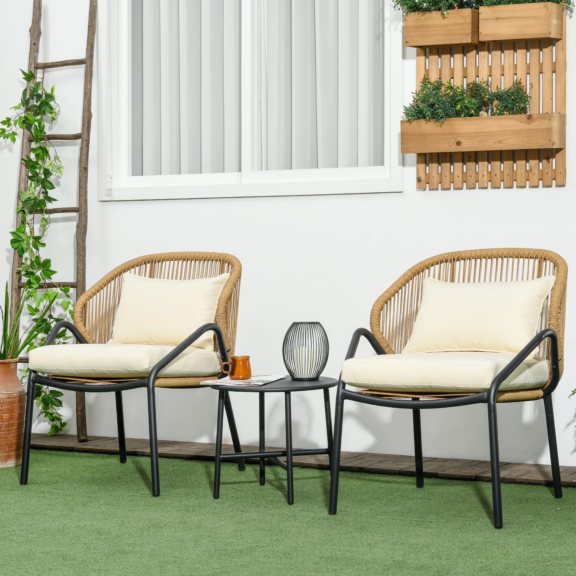 Set Giardino 3 Pezzi Outsunny - 2 Sedie Con Cuscini E Tavolino In Rattan E Acciaio Nero - Foto 10