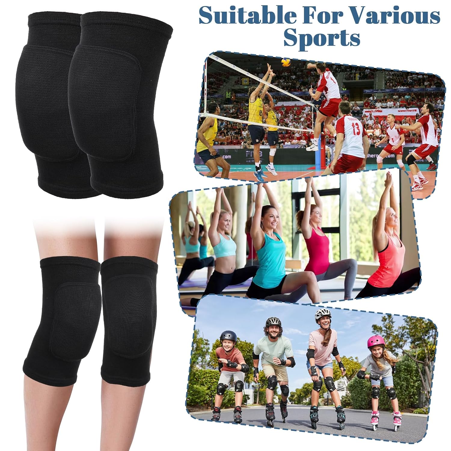 6 Pairs Black Knee Pads, Soft Breathable Volleyball Knee Pads Workout Protector for Basketball Football Hockey Dance Running for Women Men
