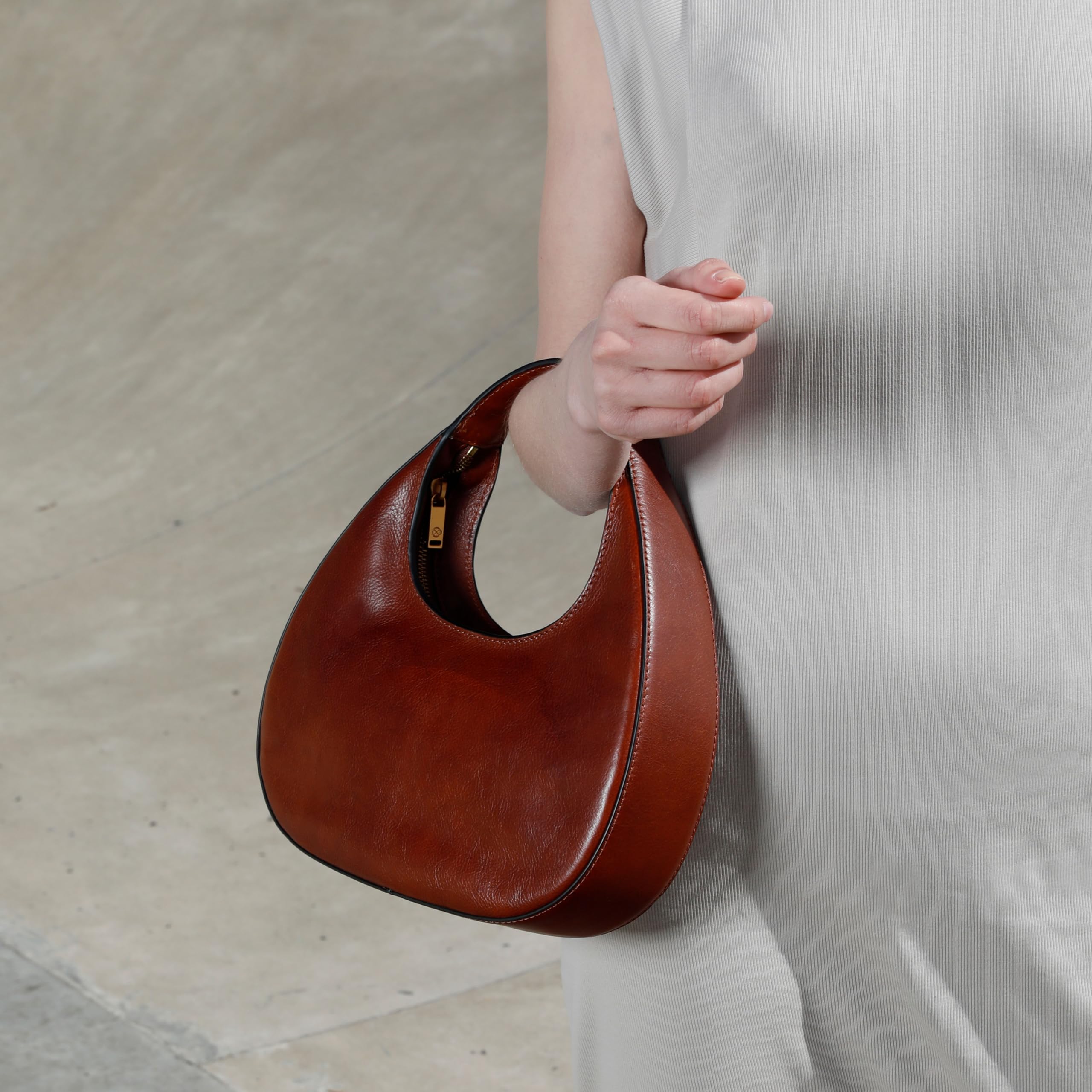 Time Resistance Leather Handbag - Purse for Women - Moon Bag - Top Handle Handbag – Crescent Hobo Purse (Cognac Brown)