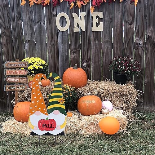 Miniatura 5 de YEAHOME Decoraciones de otoño para el hogar al aire libre, juego de 2 gnomos decorativos de jardín para decoración de otoño, letreros metálicos para