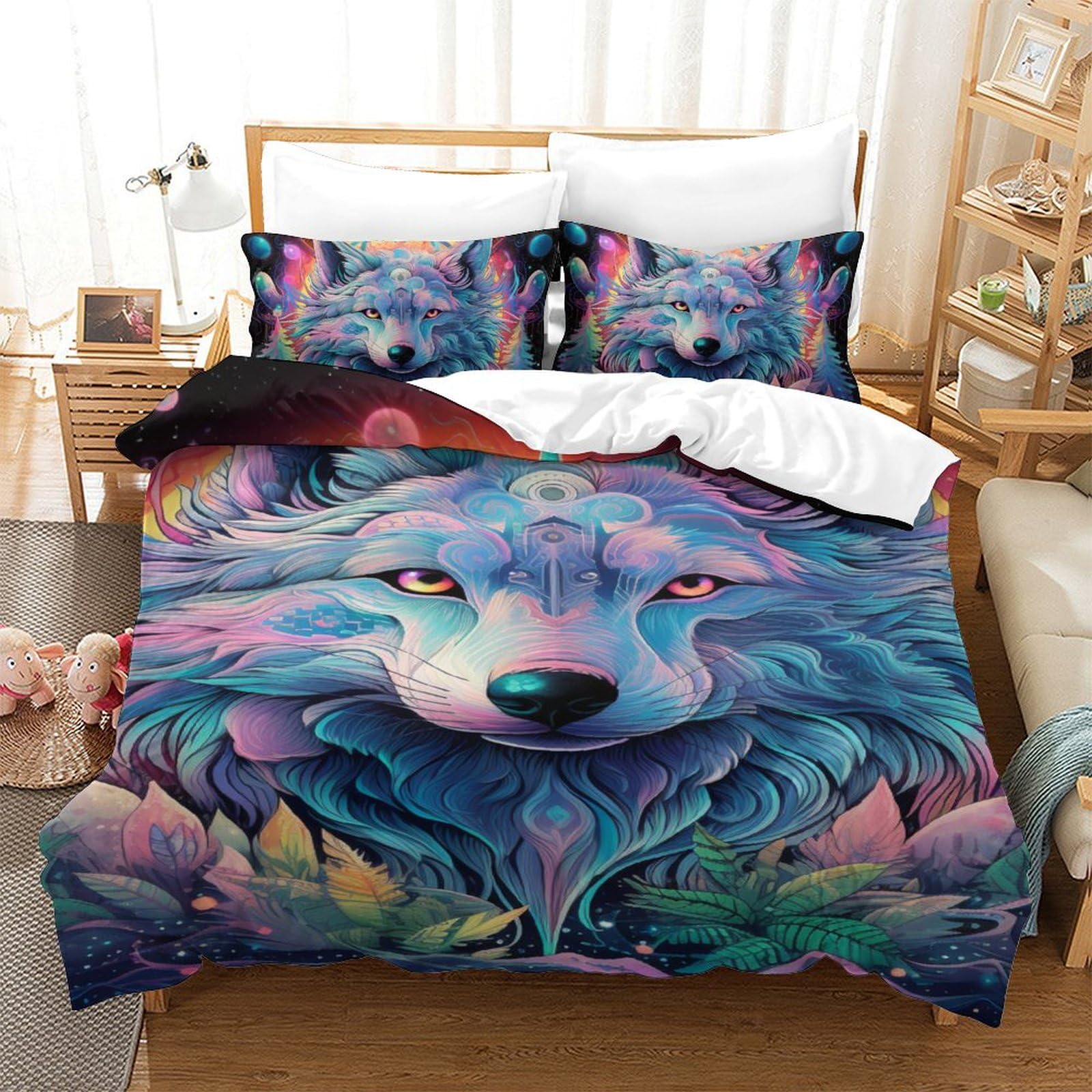 Housse de couette loup 140x200 cm avec taie d'oreiller en microfibre super douce pour lit simple