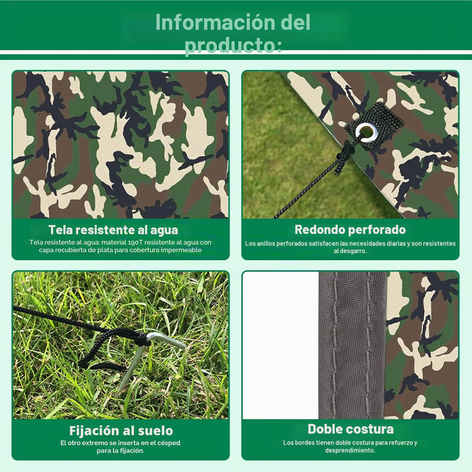 Toldo de Refugio Camping 3x3M, Toldo Camping Impermeable,Tienda de Campaña Tarp con 6 Cuerdas,6 Clavos de Tierra,2 Bolsa de Guarda,Lona Protectora Anti-UV para Vivac, Picnic, Playa, Hamaca