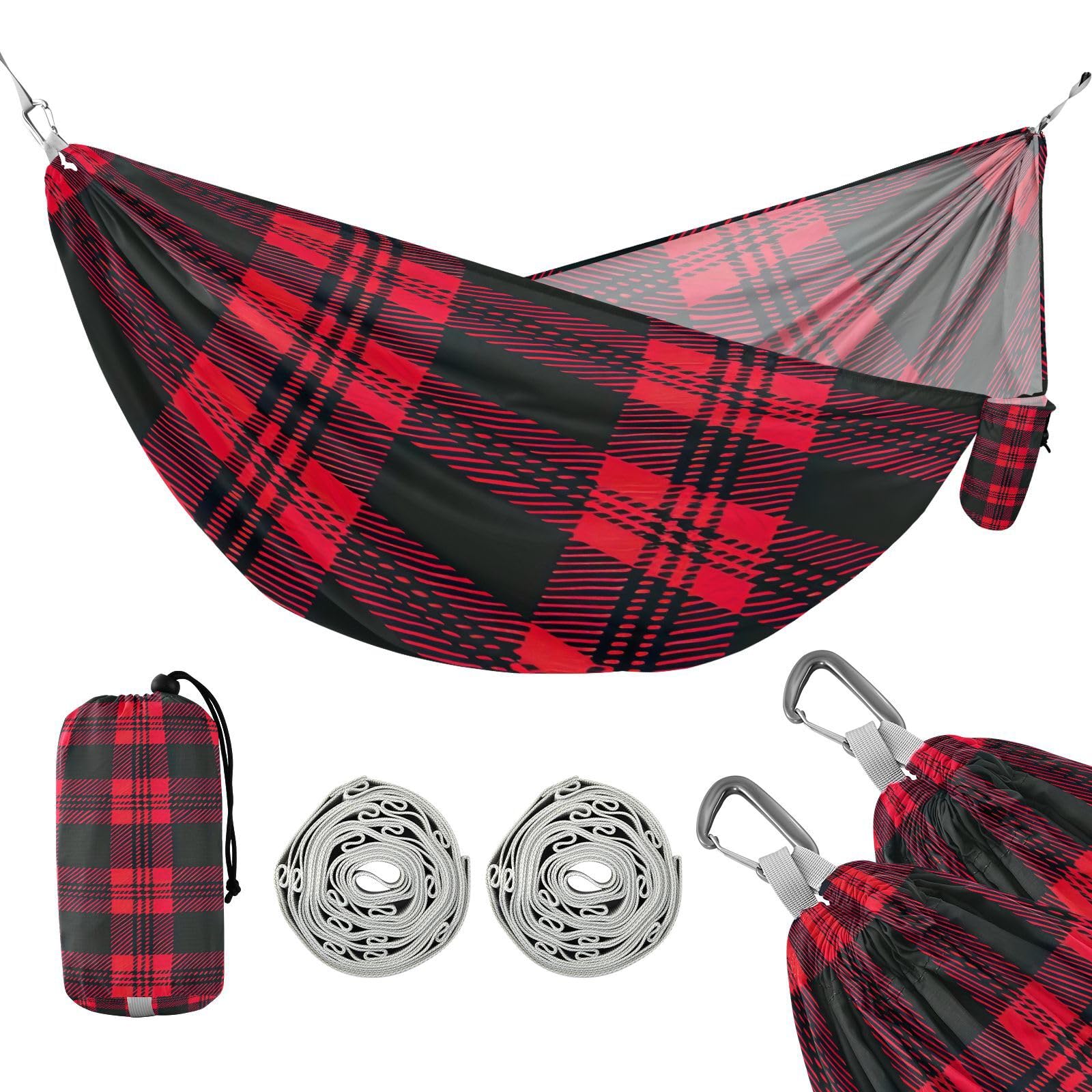 ATTX Red and Black Plaid Camping Hammock - Lightweight & Portable Hammocks, Heavy Duty 330lbs Capacity for Indoor, Hiking, Backpacking, Travel, Backyard, Beach#404