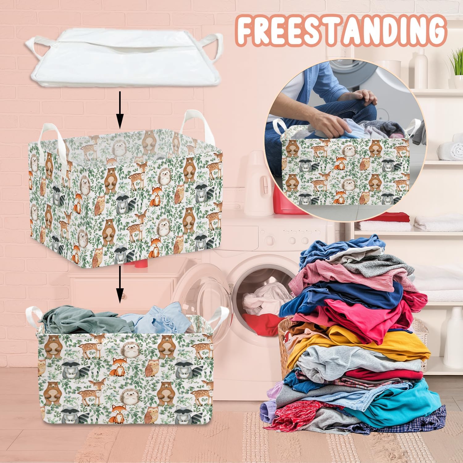 Woodland Animal Storage Basket, Cute Woodland Animal Design, Foldable Waterproof Canvas Toy Box with Handle for Home Organization in Living Room, Bedroom, Wardrobe image 4