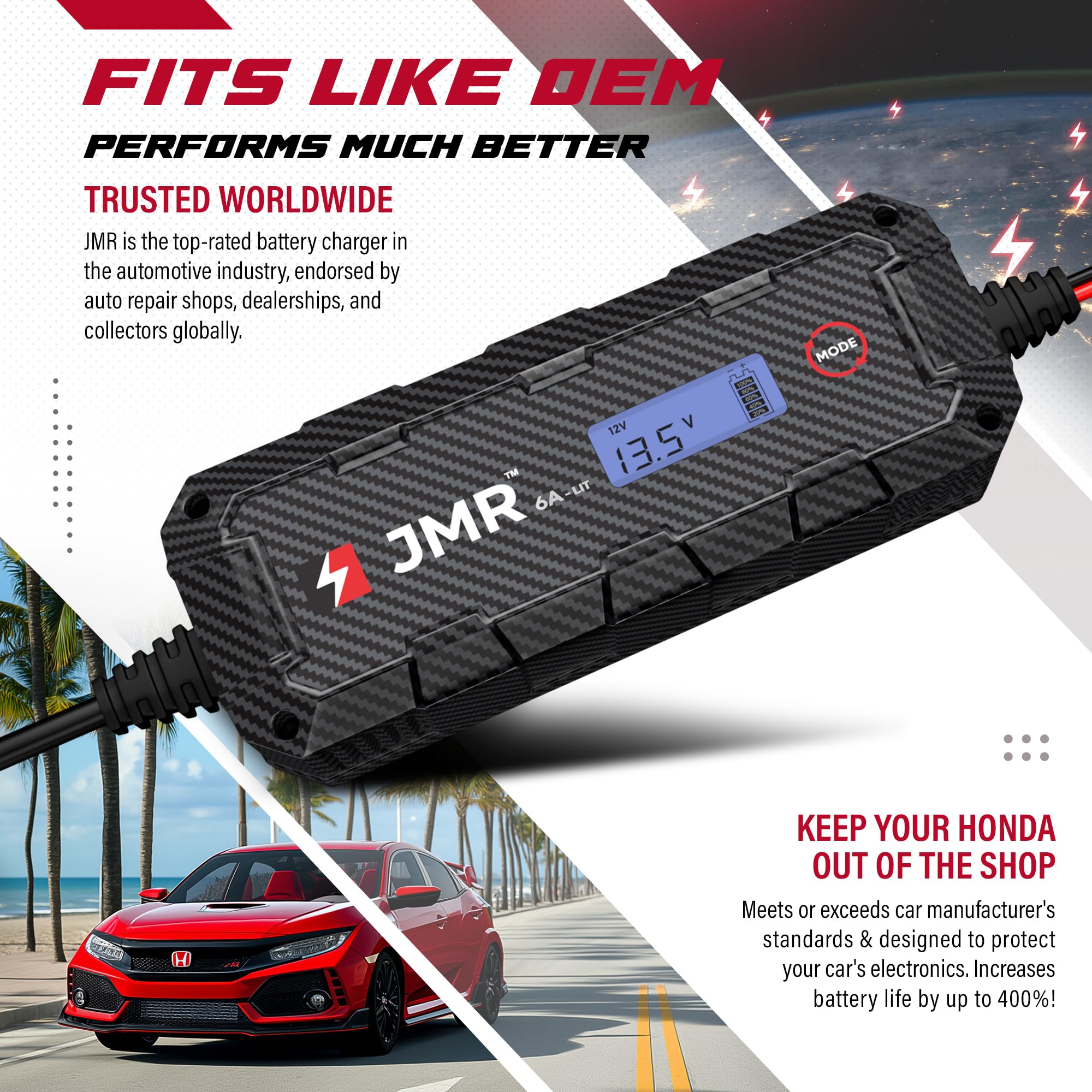 JMR Battery Charger for Honda Clarity Pilot Odyssey Passport Ridgeline Accord S2000 Crosstour Civic CR-V HR-V All Models Trickle Charger Conditioner Maintainer (Add Lithium Mode)