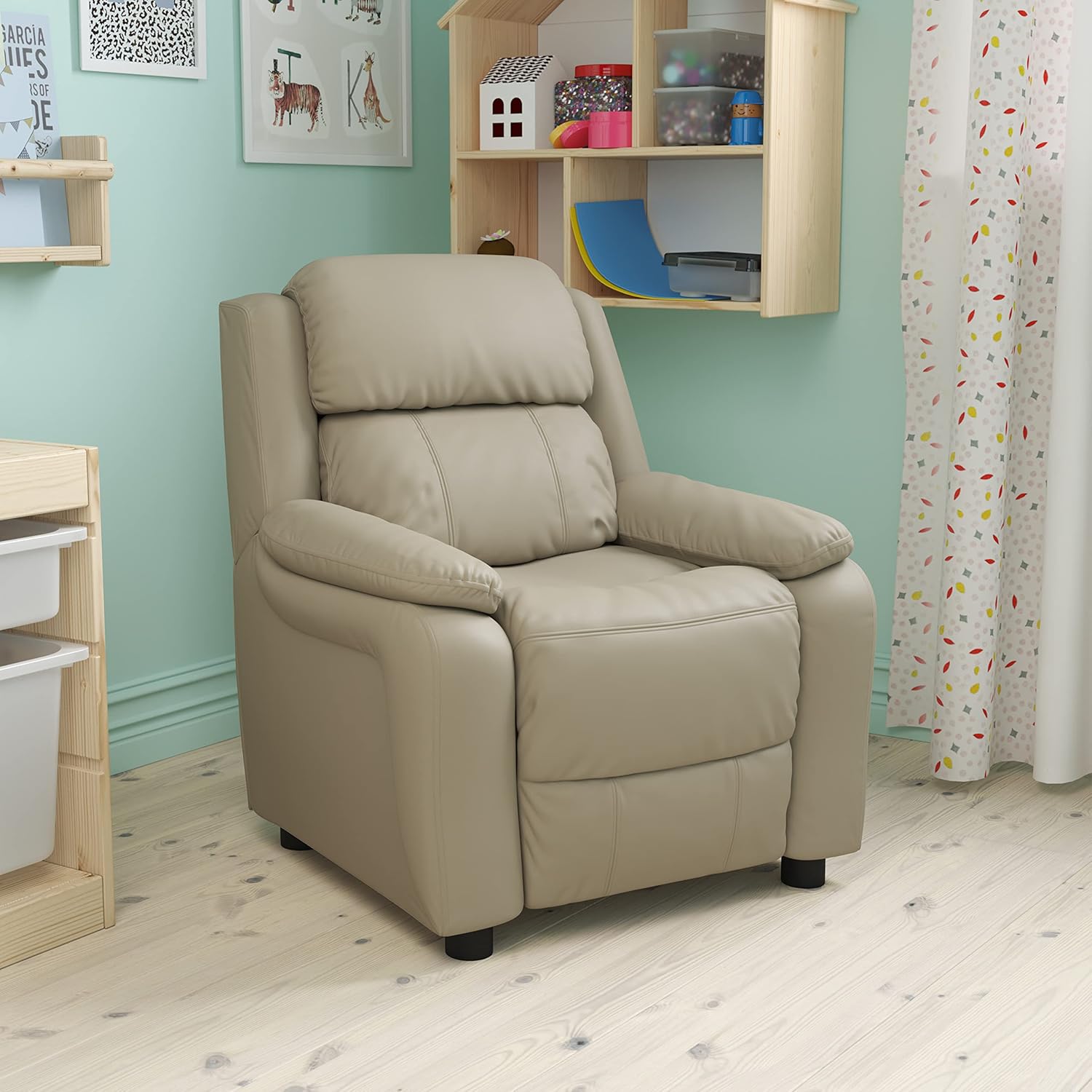 EMMA + OLIVER Deluxe Padded Beige Vinyl Kids Recliner with Storage Arms