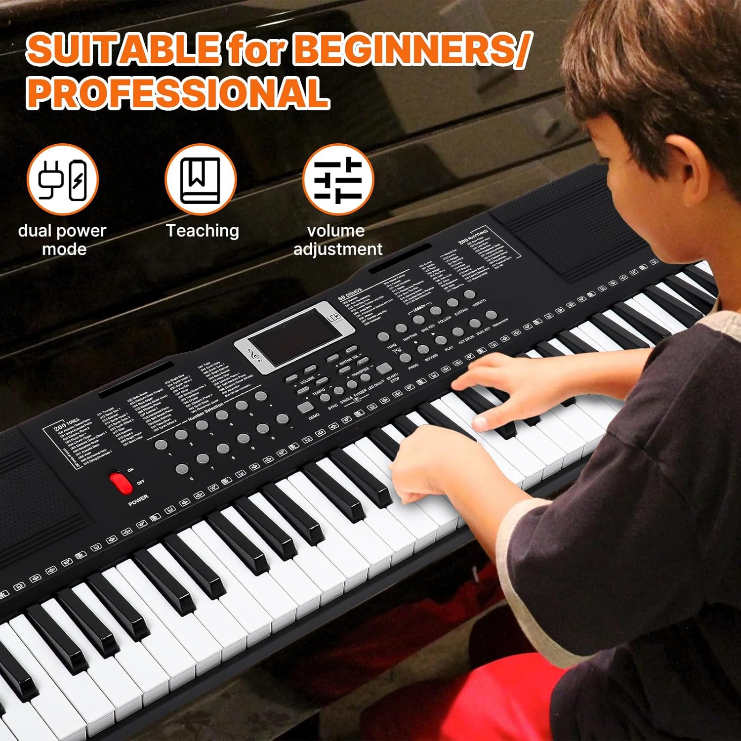 iMeshbean 61 Key Keyboard Piano,Electronic Keyboard Digital Piano Built-in Dual Speaker,Portable Light Up Music Keyboard with Adjustable Stand,Piano Bench,Headphone (Black with Stand)