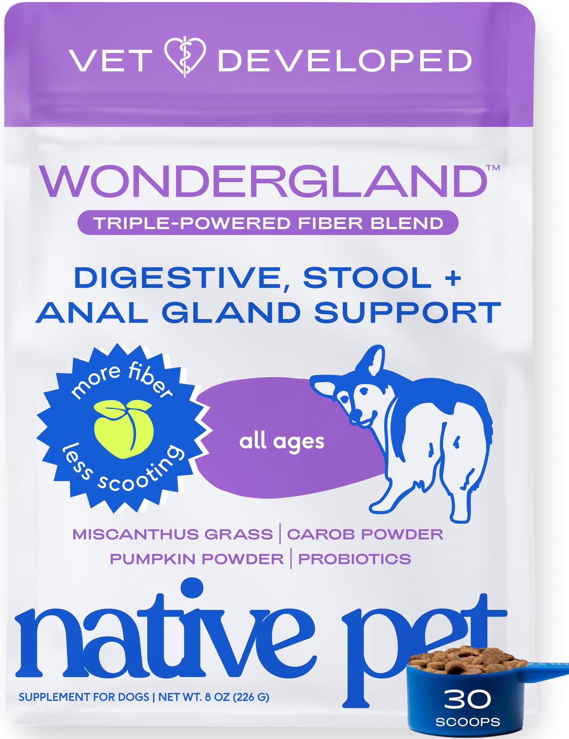 Native Pet WonderGland - Dog Anal Gland Supplement - Promotes Firm Stools, Natural Gland Expression to Help Reduce Scooting - Fiber Food Topper with Miscanthus Grass, Pumpkin & Probiotics - 30 Scoops