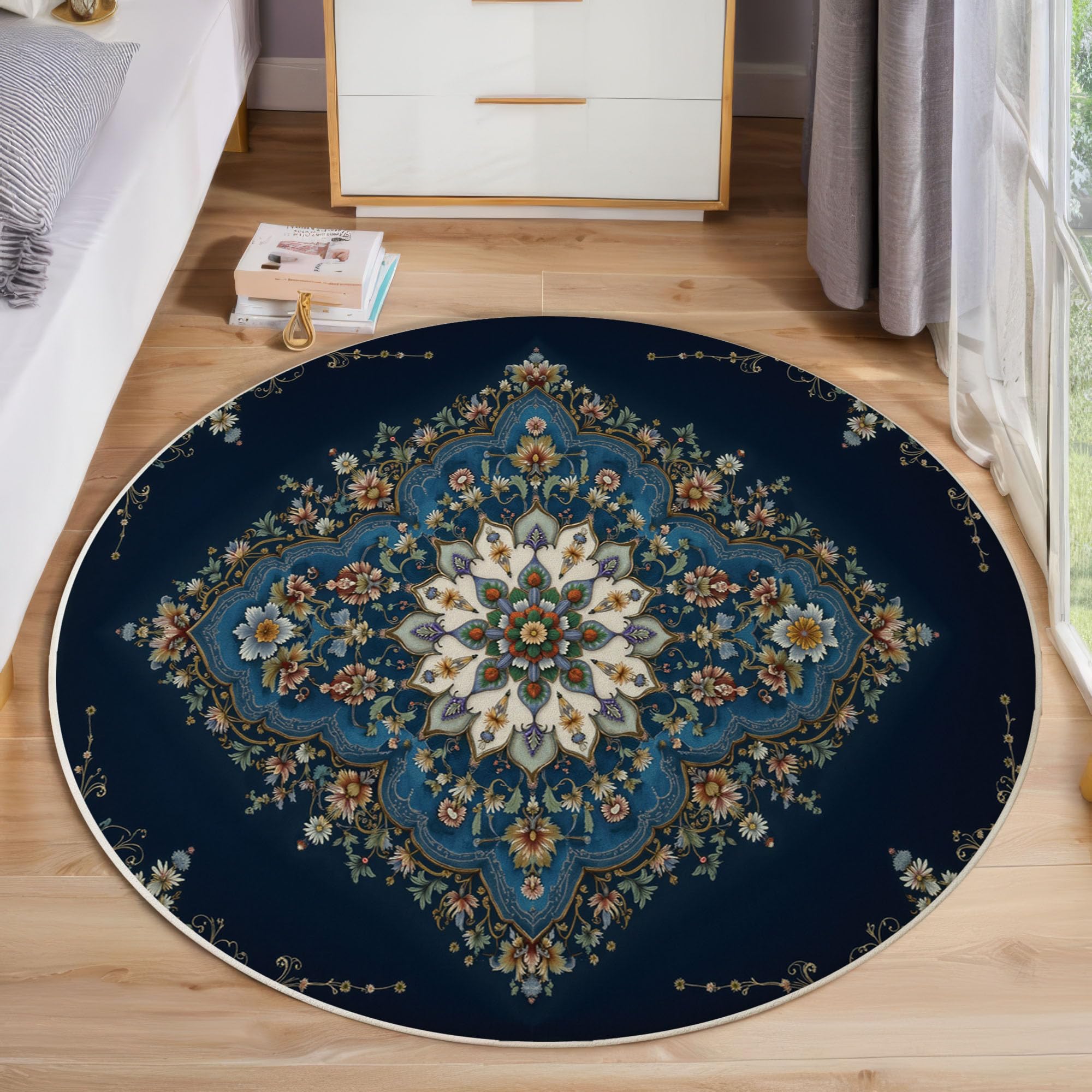 Tapis Rond 120cm Lavable Machine, Moquette Antidérapante Poil Bas Style Style de Tapis Persan, Motif Motif Floral géométrique Doux pour Salon, Chambre, Cuisine, Nursery, Bureau Bleu foncé