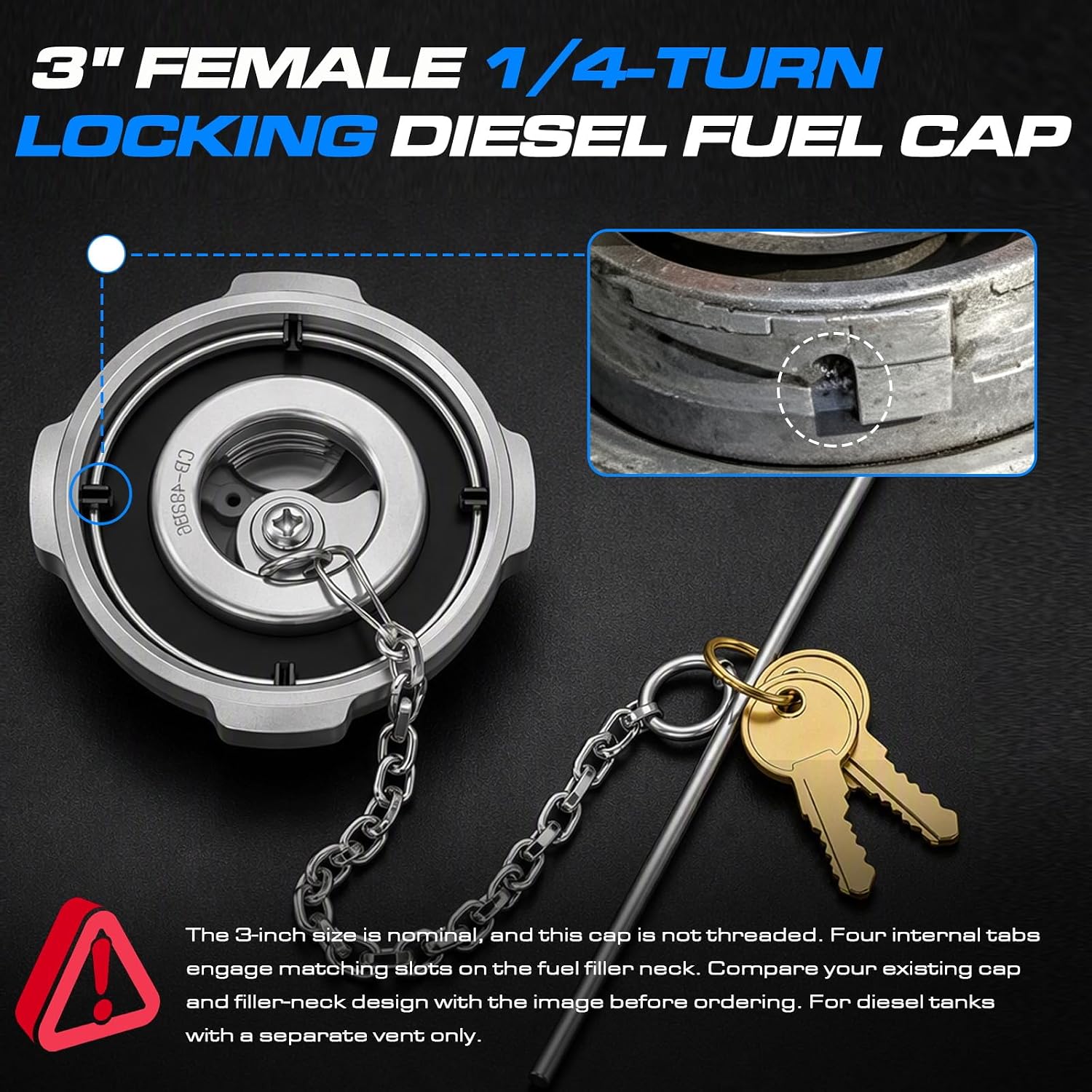 2 Pack 3 Inch Female 1/4 Turn Locking Diesel Fuel Tank Caps