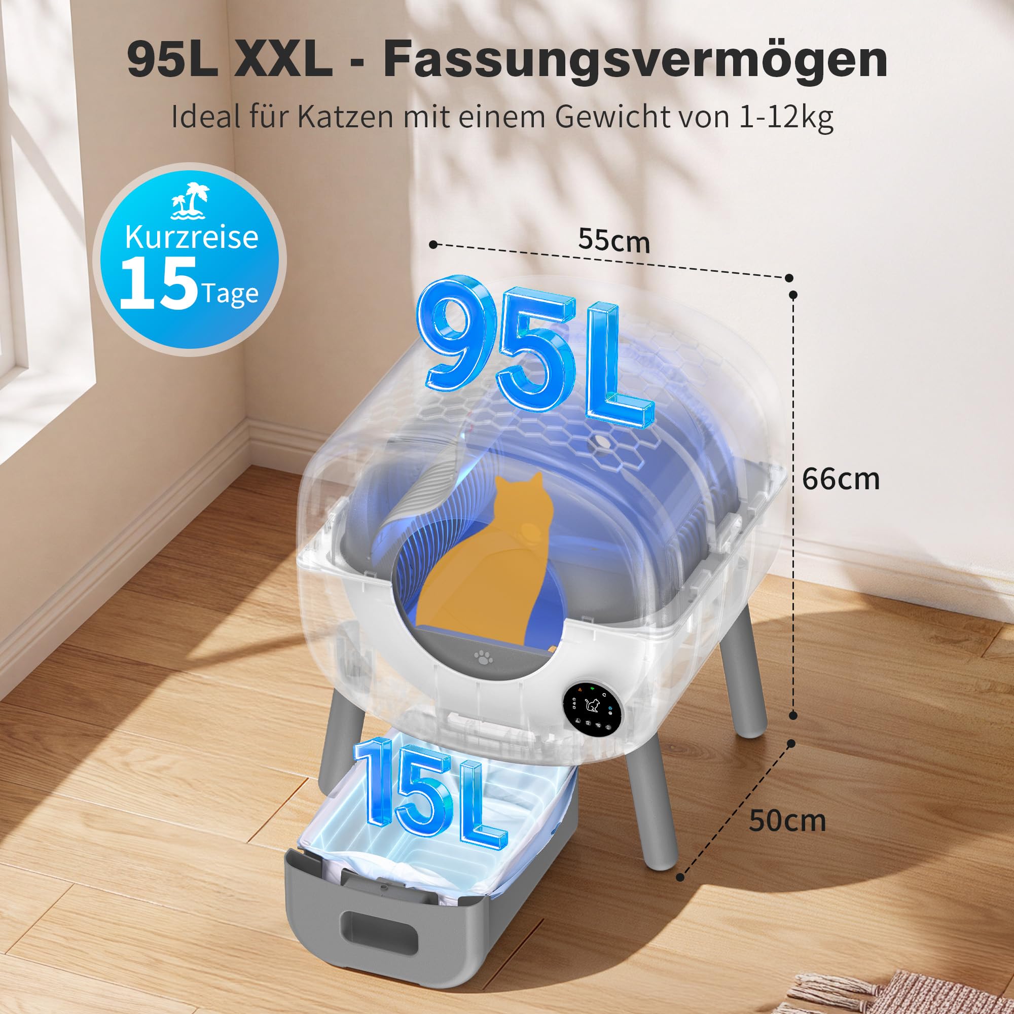 PHOTONSPACE Katzenklo Selbstreinigend XXL 95L, Automatische Katzentoilette