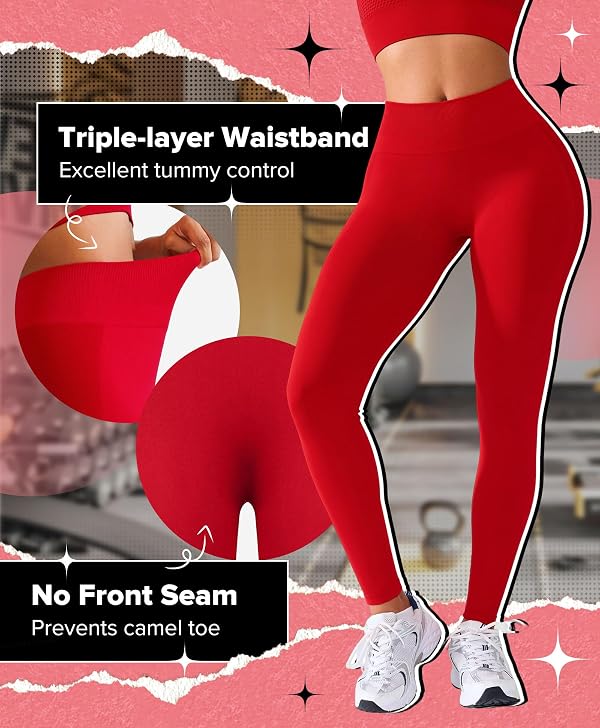 BRXL Workout Lycra Leggings for Women Butt Lifting Tummy Control High Waist Seamless No Front Seam Gym Yoga Running Leggings Chili Red M by BRXL - Used condition - Image 3