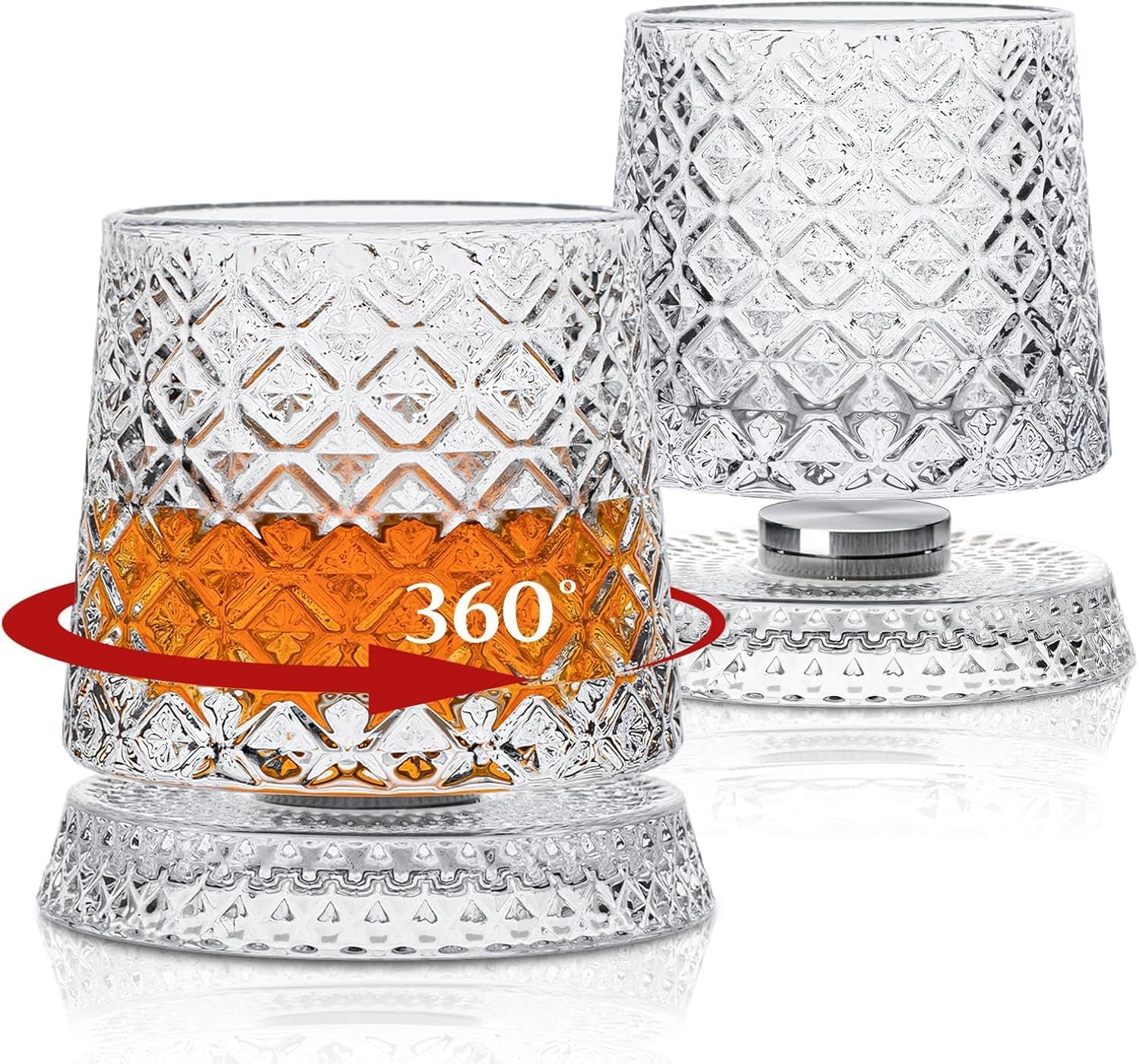 Spinning Whisky Glasses Set of 1, Crystal Cut Diamond Pattern | 360° Rotating Base, Old Fashioned Rocks, Diamond Etched Design, Detachable Pedestal, Bourbon & Scotch Use-image-6