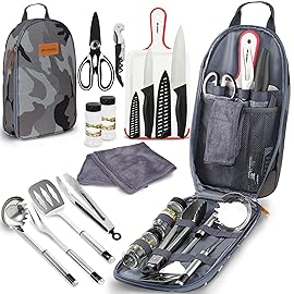 12 Piece Camp Kitchen Cooking Utensil Set Travel Organizer Grill Accessories Portable Compact Gear for Backpacking BBQ Camping Hiking Travel Cookware Kit Water Resistant Case (Grey)