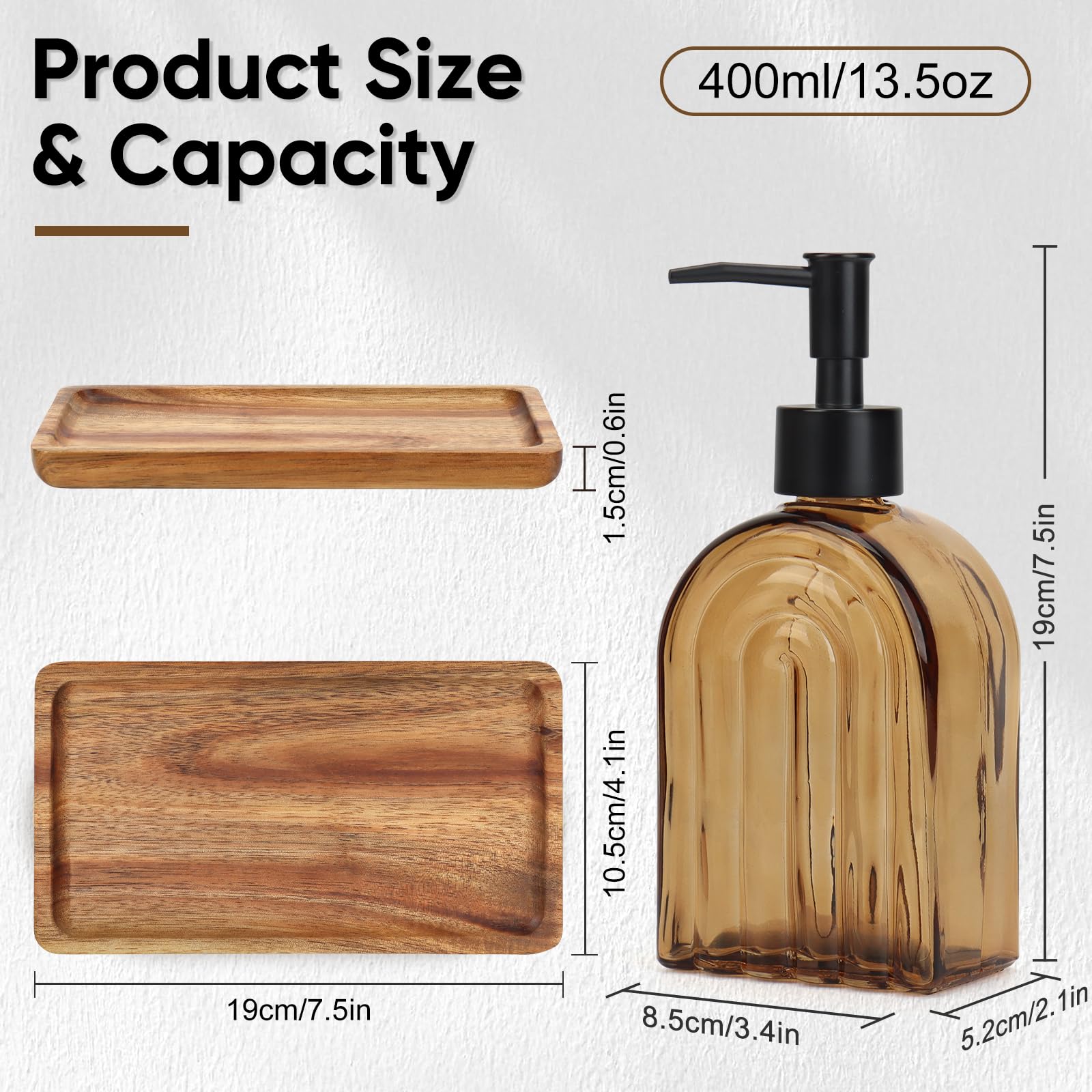 2 Pack Arch Glass Soap Dispenser with Plastic Pump, 13OZ Liquid Hand Soap Dispenser with Cassia Wood Tray, Rustproof Pump for Kitchen & Bathroom, Great for Lotions, Essential Oil, Liquid Soaps,Amber - 4