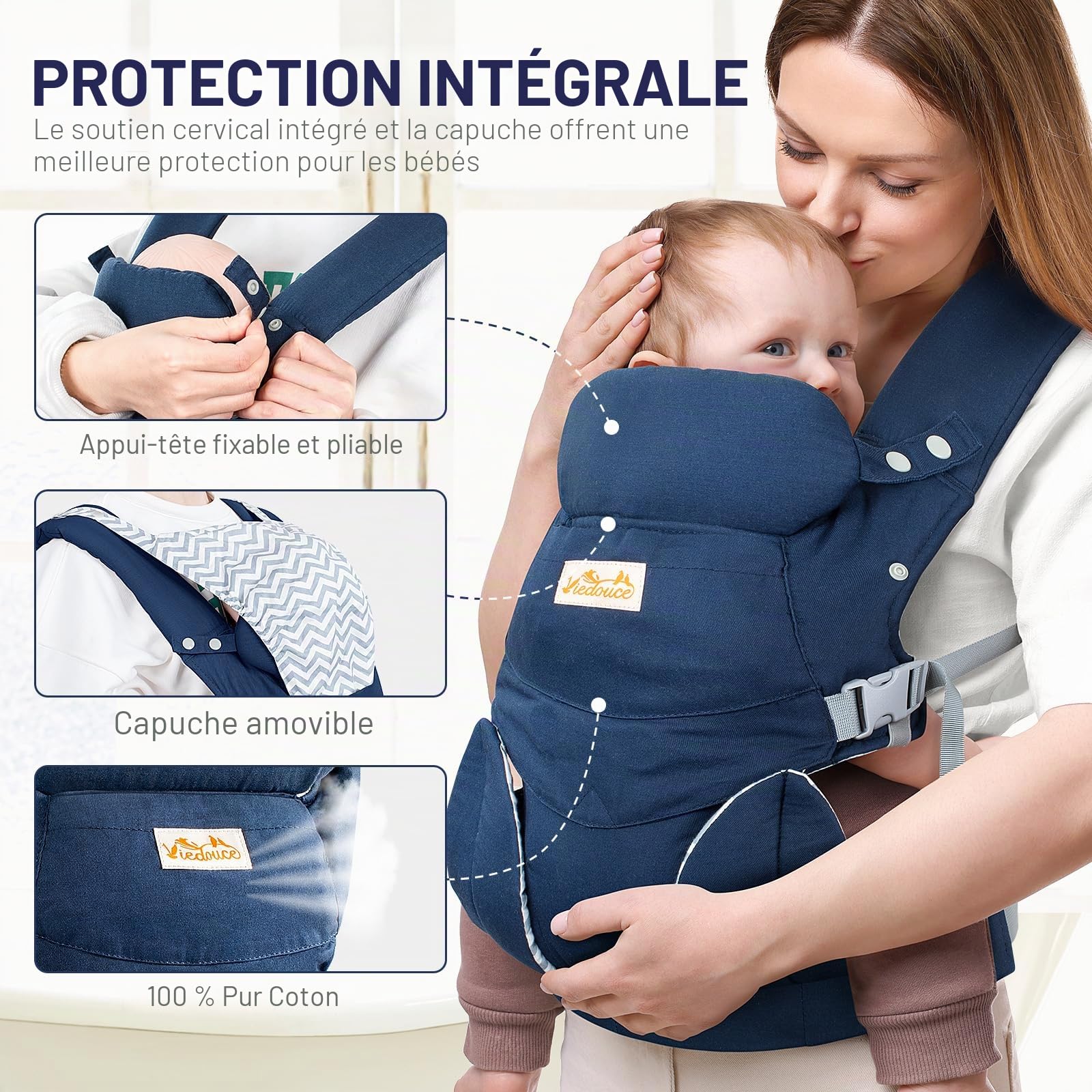 Viedouce Porte-Bébé Physiologique, Porte Bebe Naissance avec Ergonomique bébé porte-bebe pour nouveau-nés et petits enfants de 3 à 36 mois (3 à 20 kg)