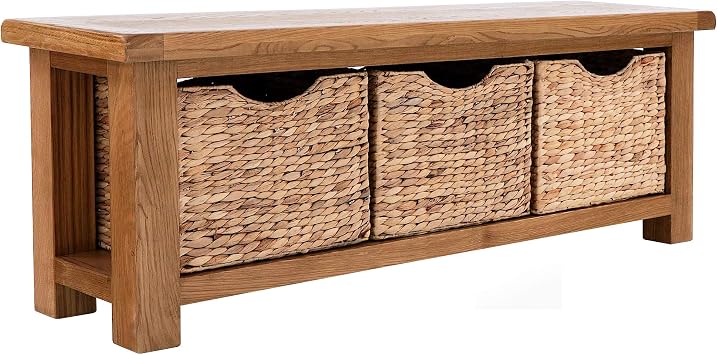 Zelah Oak Hallway Bench With Baskets | Roseland Furniture Country Rustic Solid Wooden Shoe Storage Unit for Hall or Kitchen | Fully Assembled