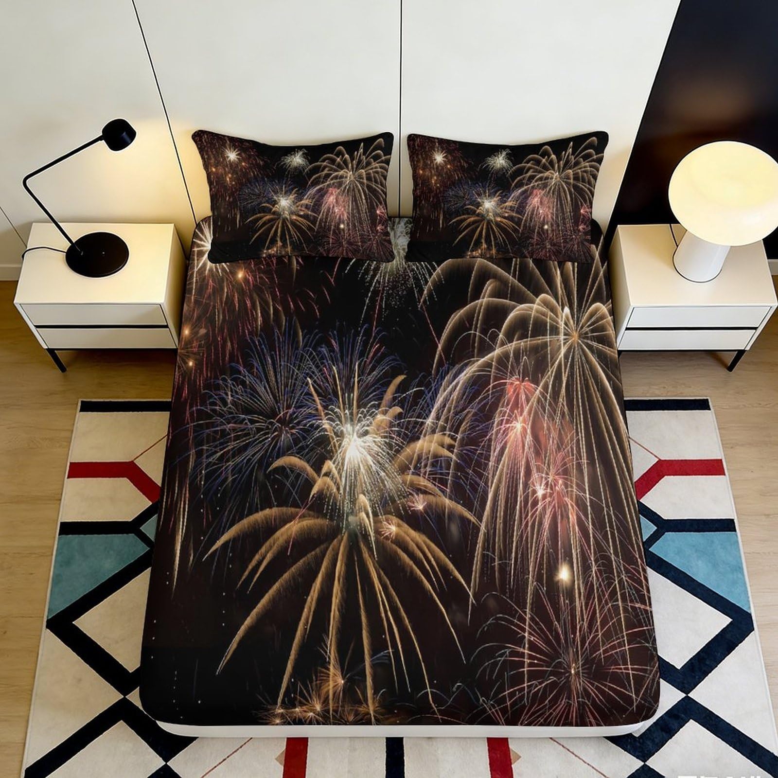 Pnayamiorkfel Style-10 3D Printed Fireworks Night Sky Fitted Sheet Microfiber Soft Slip-Resistant Mattress Cover For Bedroom Guest Room Decor 90X200x25cm