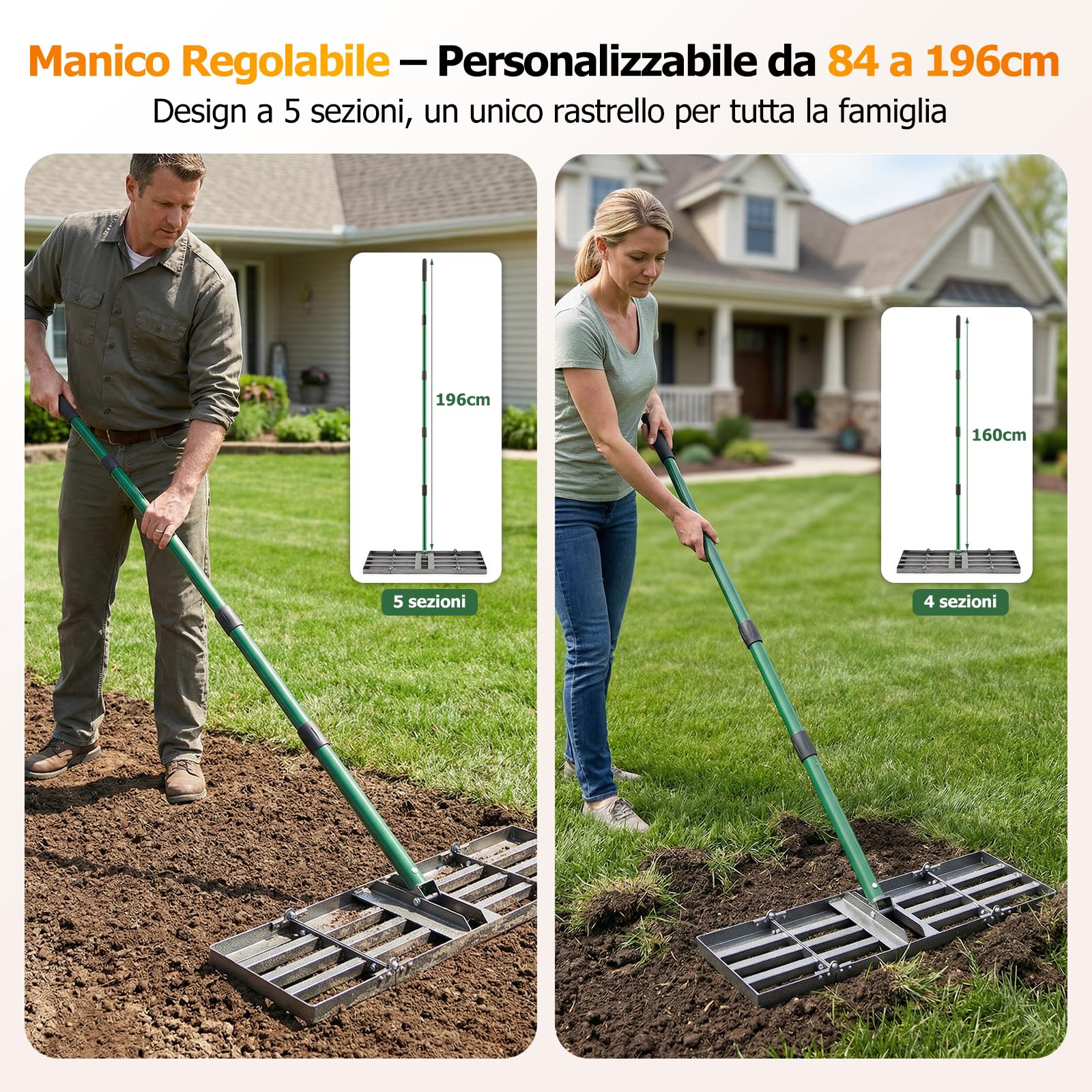 Rastrello per livellamento per prato, 76 x 25 cm, con manico regolabile da 84 a 196 cm, pieghevole, per terra, sabbia, ghiaia