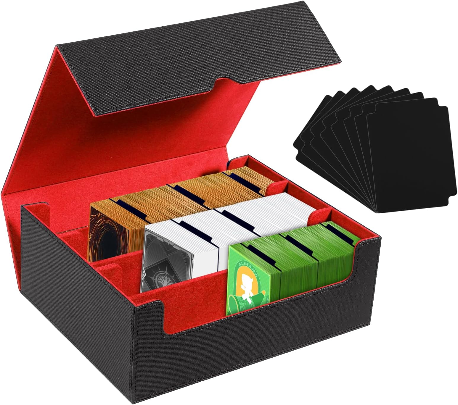 Magnetic Commander Card Deck Box for MTG Cards–PU Leather Card Storage Box with Strong Magnet,Holds 1800+Sleeved Cards,3-Row TCG Card Storage for MTG Commander Deck Box,Includes 8 Dividers(Black-Red)
