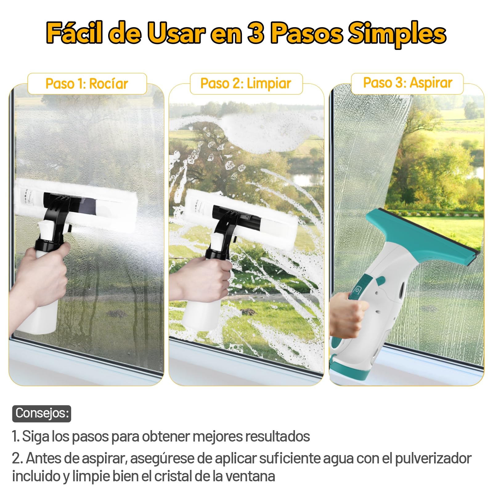 EAVE Limpia Cristales, Kit de Limpiacristales Electrico Mejorado con Escobillas de 17cm & 28cm, Limpiacristales con 40min de Autonomía & Tanque de Agua de 270ml, Apto para Ventanas, Baños, WC09(WH)