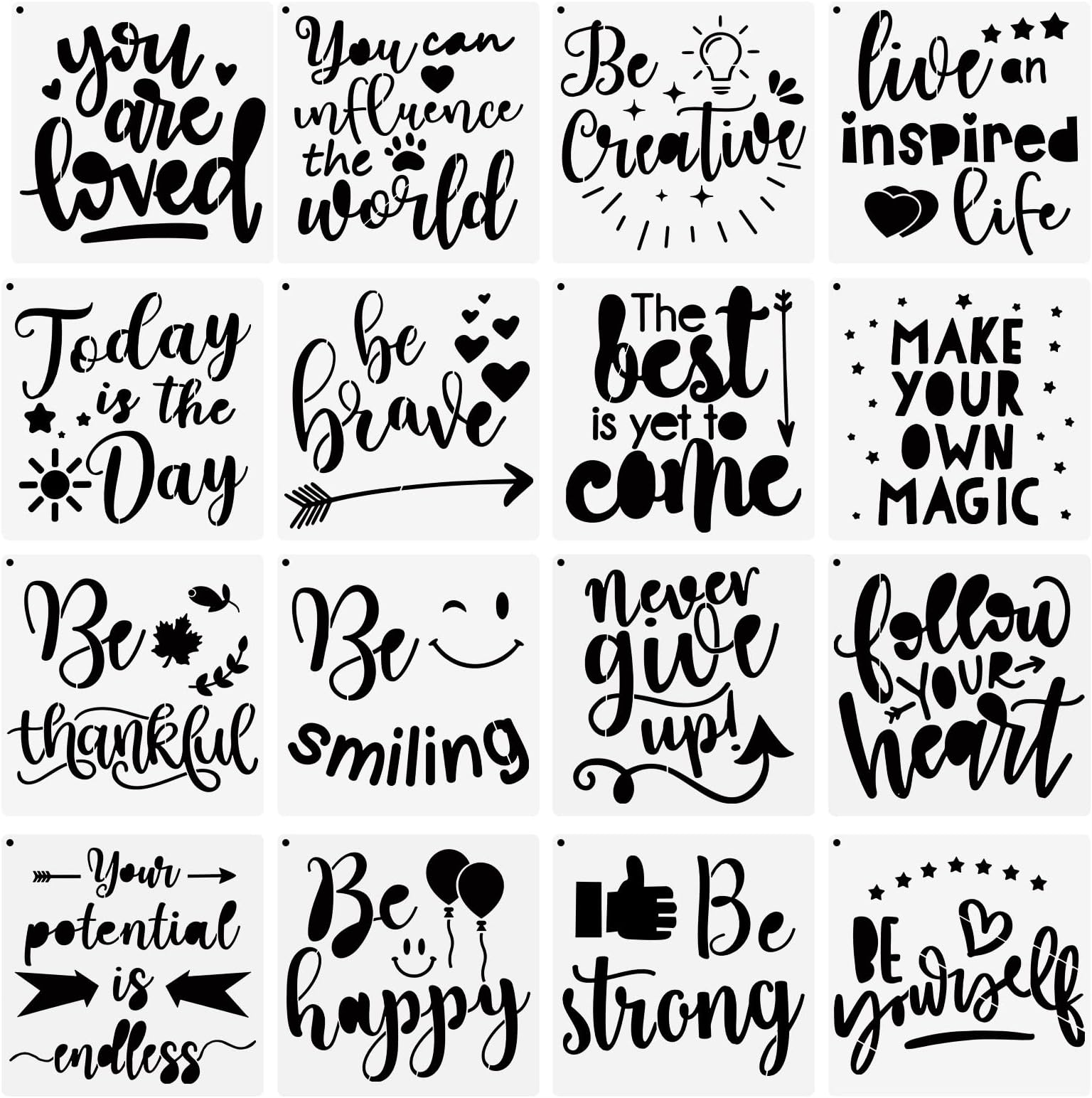 16 Pieces Inspirational Word Stencil Motivational Quote Reusable Polyester Film Template Stencils with Open Ring for Crafts Painting on Wood Drawing Wall Home Decor Gift(7.87 x 7.87 Inches)