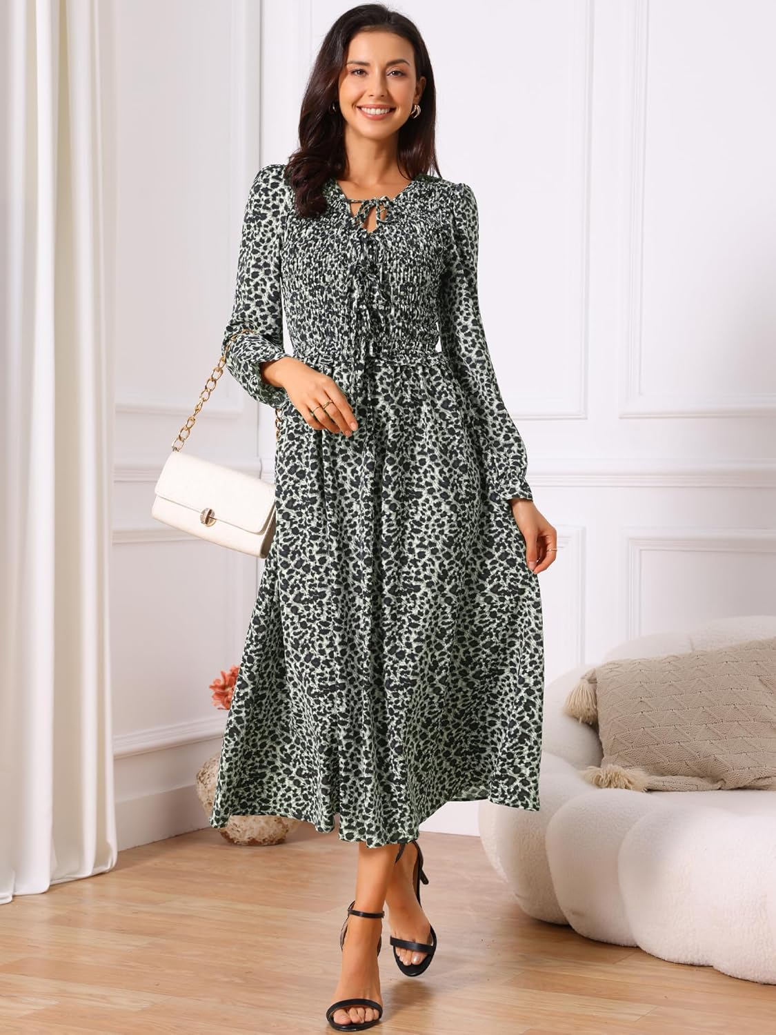 Seta T Women's Leopard Print Dress Long Sleeve Ruffle Tie V Neck Smoked Flowy Midi Cheetah Dresses with Pockets - Image 4