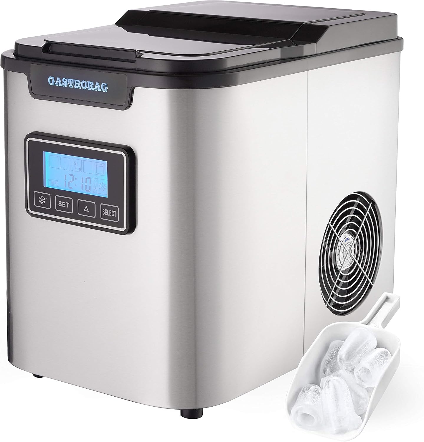Gastrorag Large-Capacity Stainless Steel Automatic Portable Electric Countertop Ice Maker Machine, 26lbs/24H, 9 Cubes Ready in 10 minutes, 3 Types of Ice Size, with Scoop and Basket