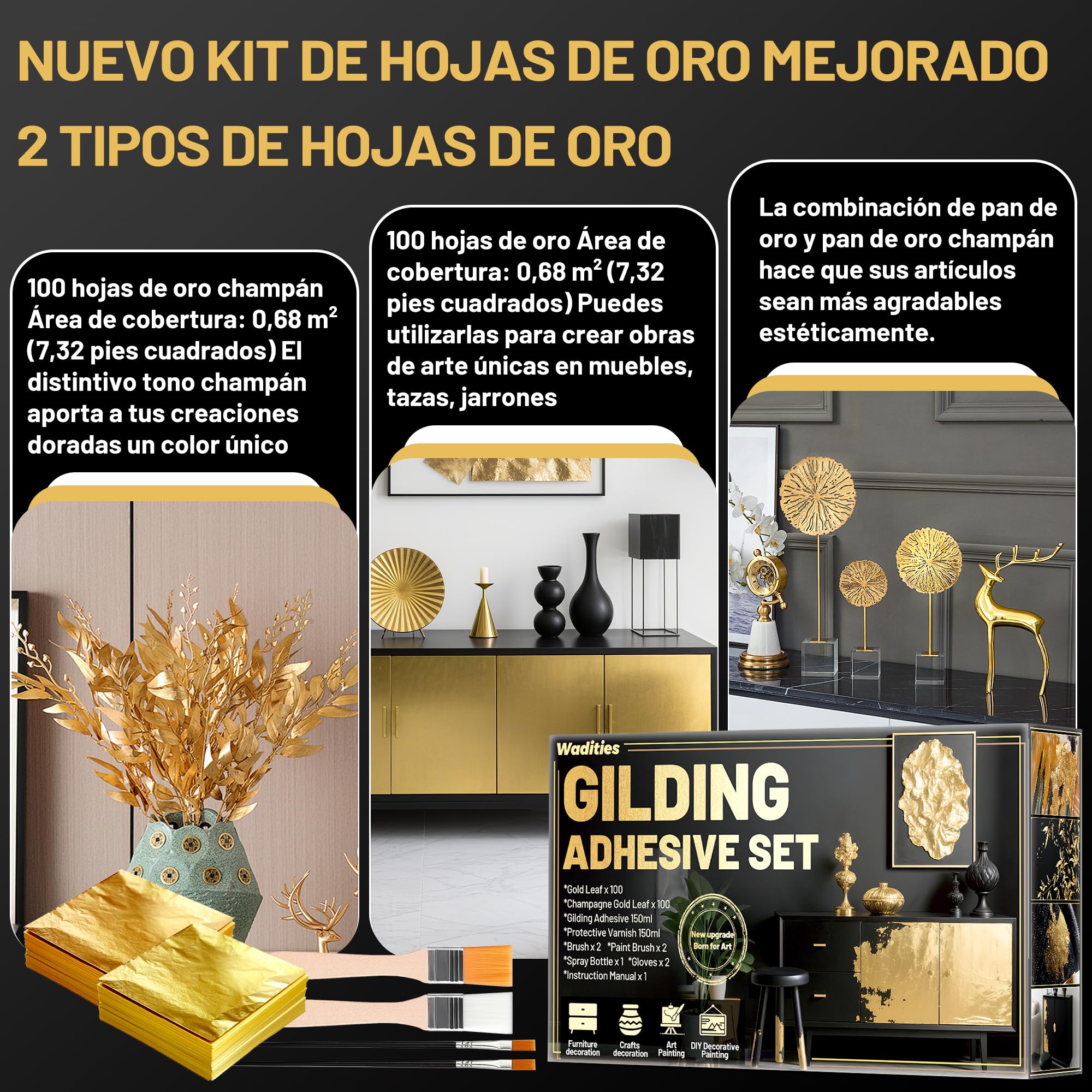 Set de adhesivo para dorado, Wadities 150ml de adhesivo y barniz a base de agua, 100 láminas de pan de oro y 100 láminas de oro champán para decoración de muebles y artesanía artística, decorativa DIY