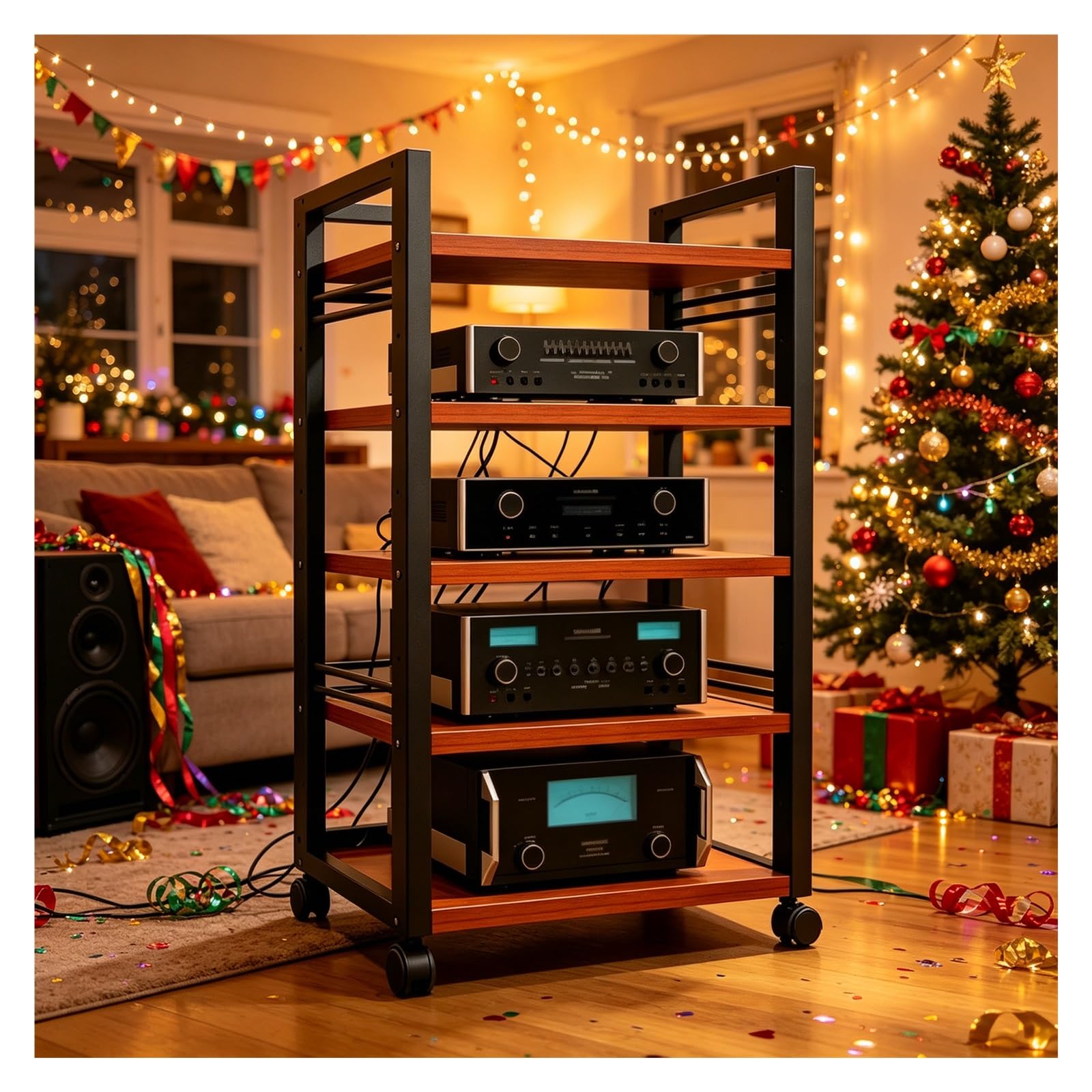Mobile Hifi 5-Level Audio-Video Con Ruote Universali Altezza Regolabile | Mobile Stereo Hi Fi Rack/Con 360° Ruote/Con Ripiano Regolabile/ Altezza Regolabile/Per Sala Giochi(Teak)