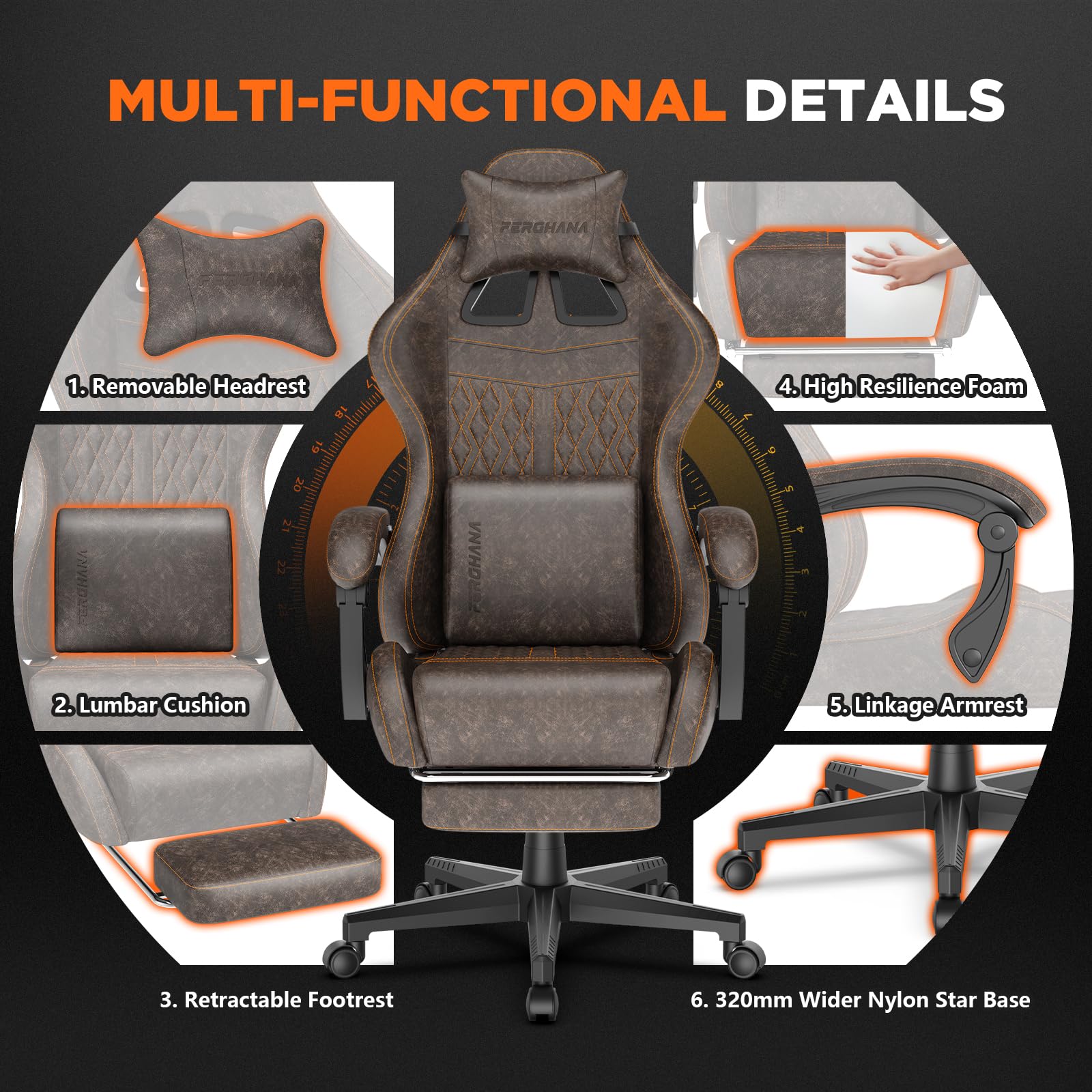 Ferghana Sedia da Gaming,Sedia Gaming Ergonomica con Regolabile Poggiapiedi,Poggiatesta,Supporto Lombare,Pelle di PU Poltrona Ufficio Regolabile,Professionale Sedia da Ufficio Gaming(Marrone)