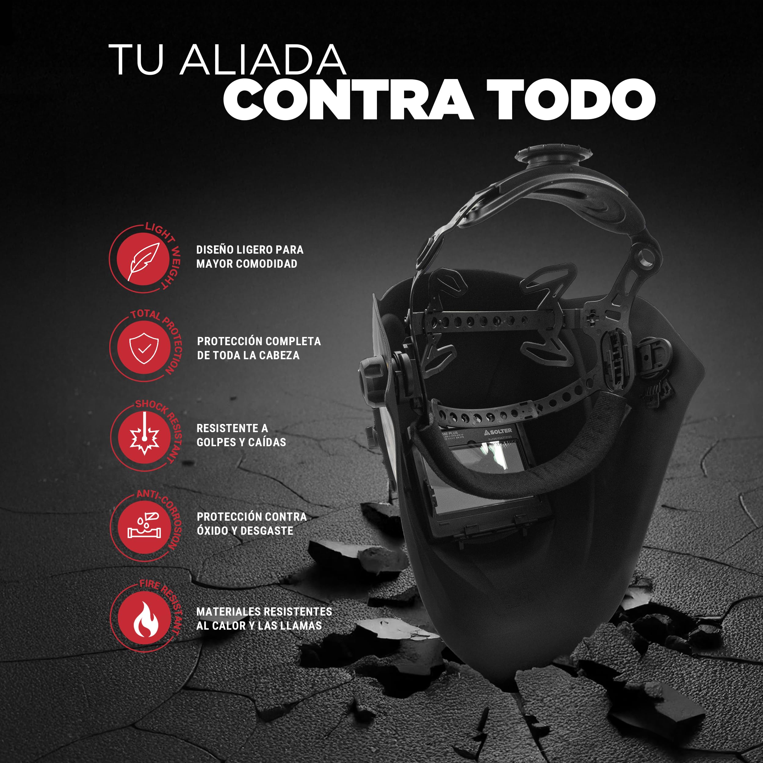 Solter HELLMET R-10 JOB Pantalla de Soldadura Automática, Tecnología True Color, DIN Ajustable 5-8/9-13, Área de Visión 100x60mm, 4 Sensores, Pila Solar Reemplazable, Certificación CE 1/1/1/1