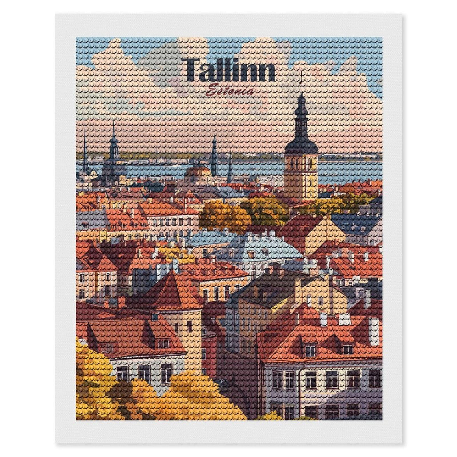 Junmoney Tallinn Cityscape Diamond Painting Set 16"x20", Sparkling Round Gems, Decorate Your Room, Fun Craft Experience, Modern Decor