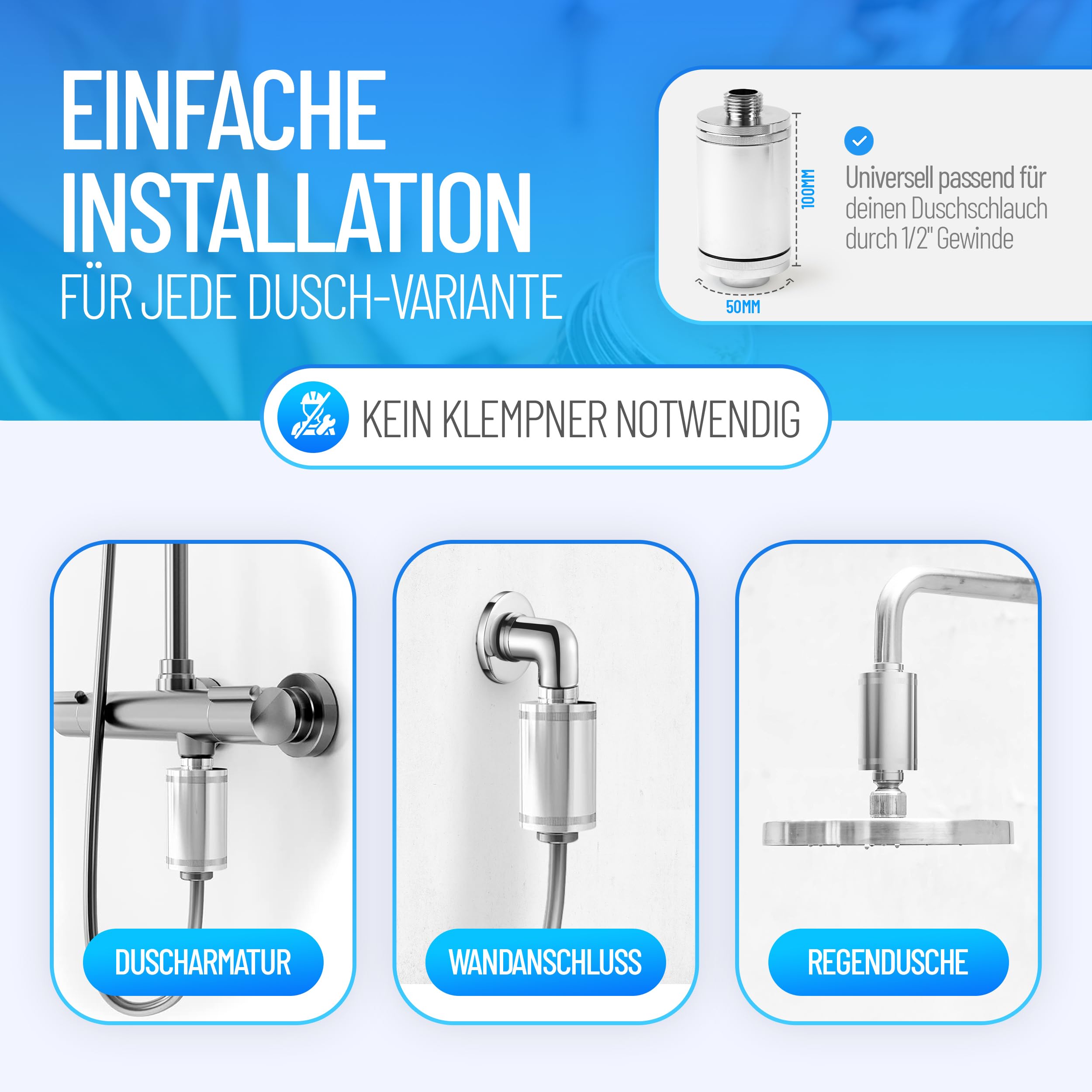 sanquell Legionellenfilter Dusche Badewanne Longlife | Zertifiziert | Komplettset | Filter austauschbar | Sofortschutz Wohnung, Hotel | formschön & diskret Chrom