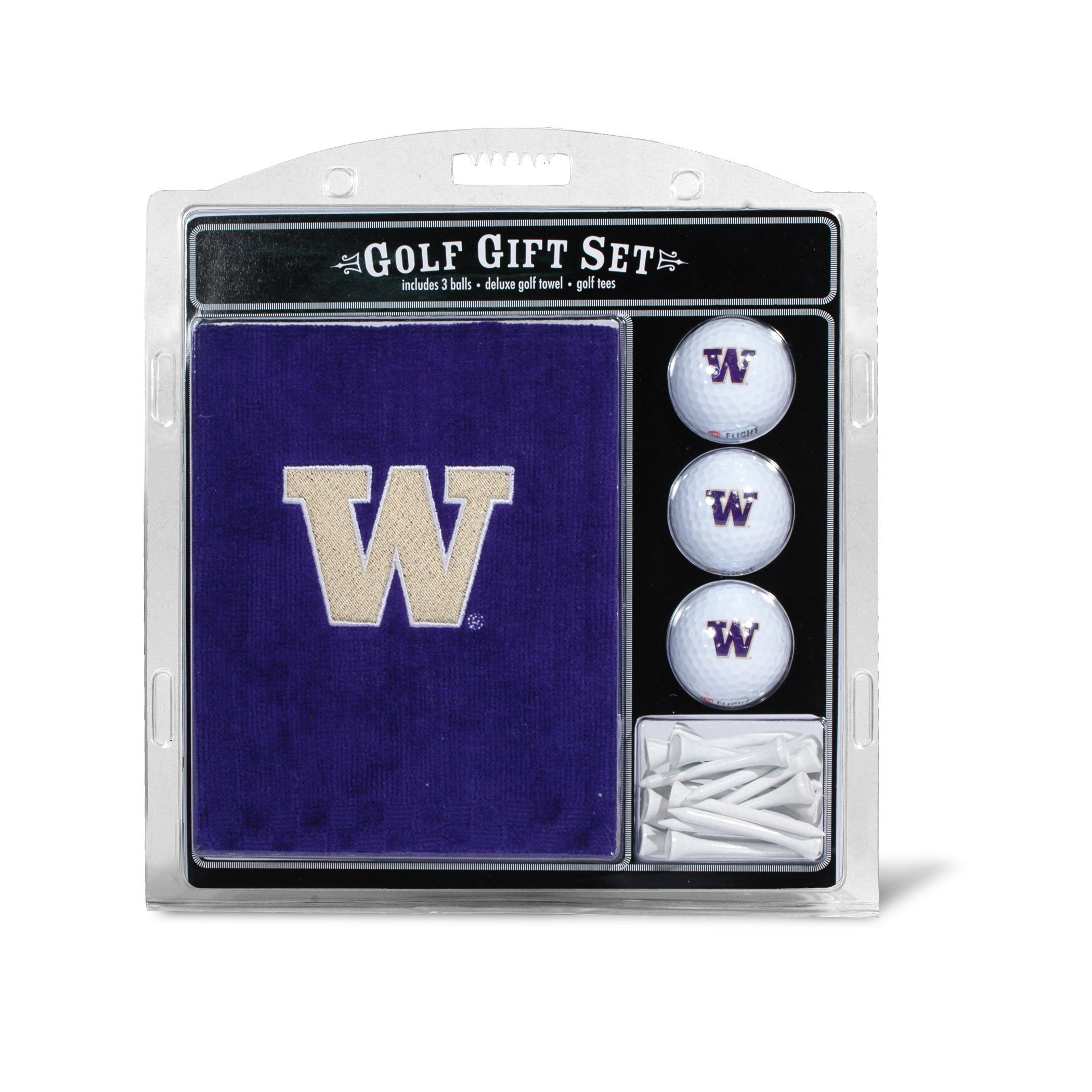 Team Golf NCAA Washington Huskies Gift Set: Embroidered Golf Towel, 3 Golf Balls, and 14 Golf Tees 2-3/4" Regulation, Tri-Fold Towel 16" x 22" & 100% Cotton โ image 1