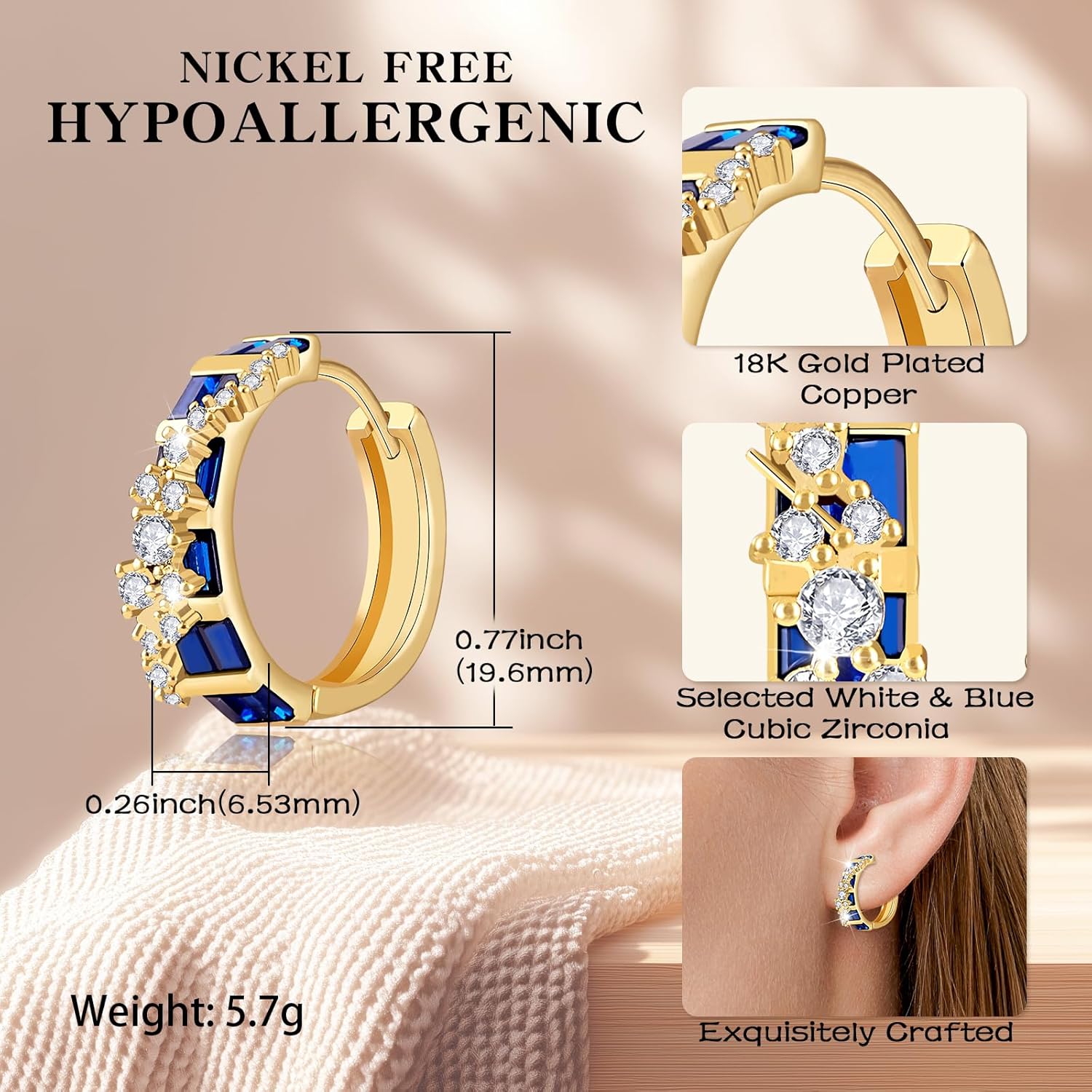 Richapex Sapphire Earrings for women, 18K Gold Plated Crystal Flower Earrings | Small Hoop Earring |Gold Earring for Women - Image 3