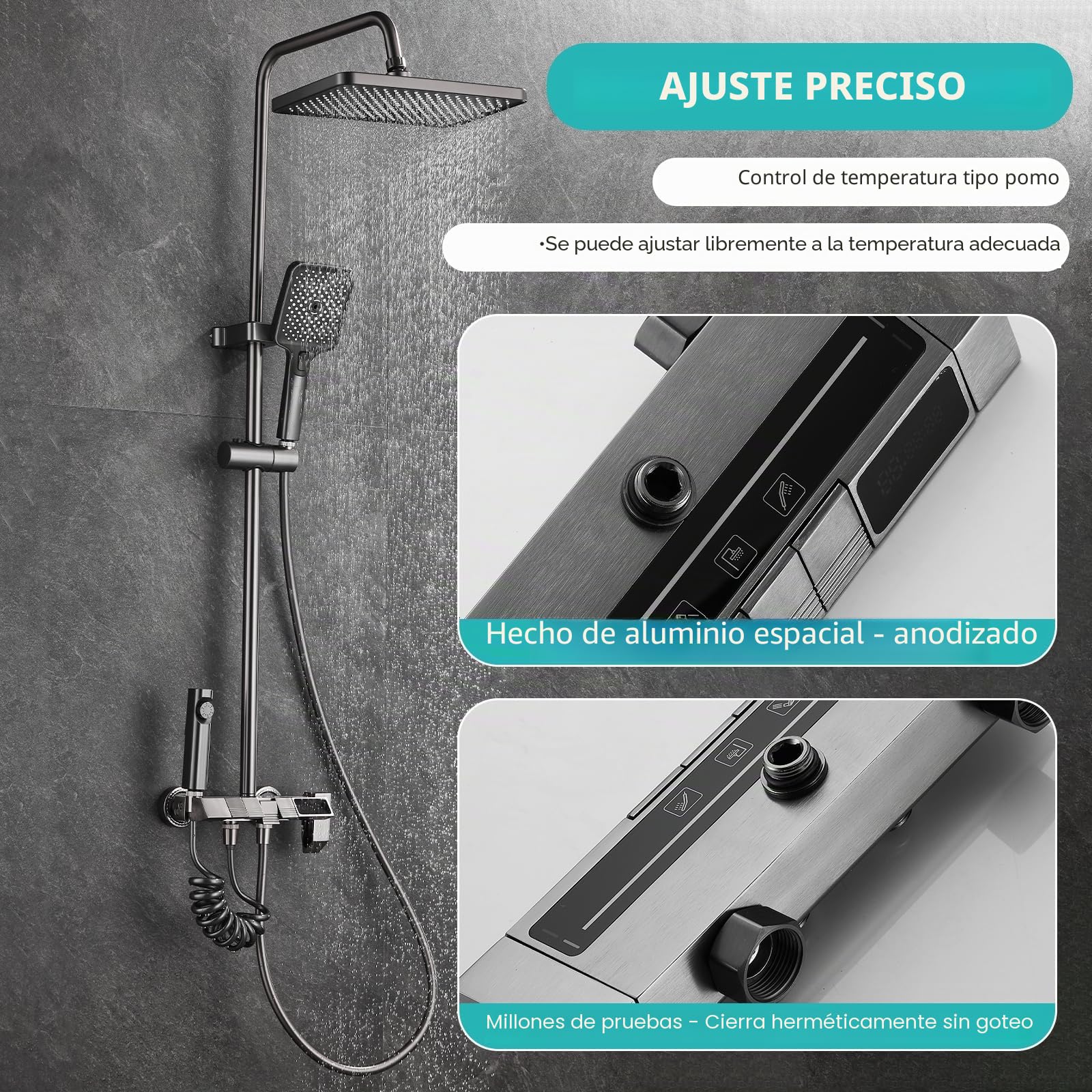 Columna de Ducha con Rociador superior/Ducha de mano ABS, 4 Modos Indicación de La Temperatura del Agua, Columna Ducha Columna de Baño Multifuncional Altura Ajustable 85-105cm, Negro