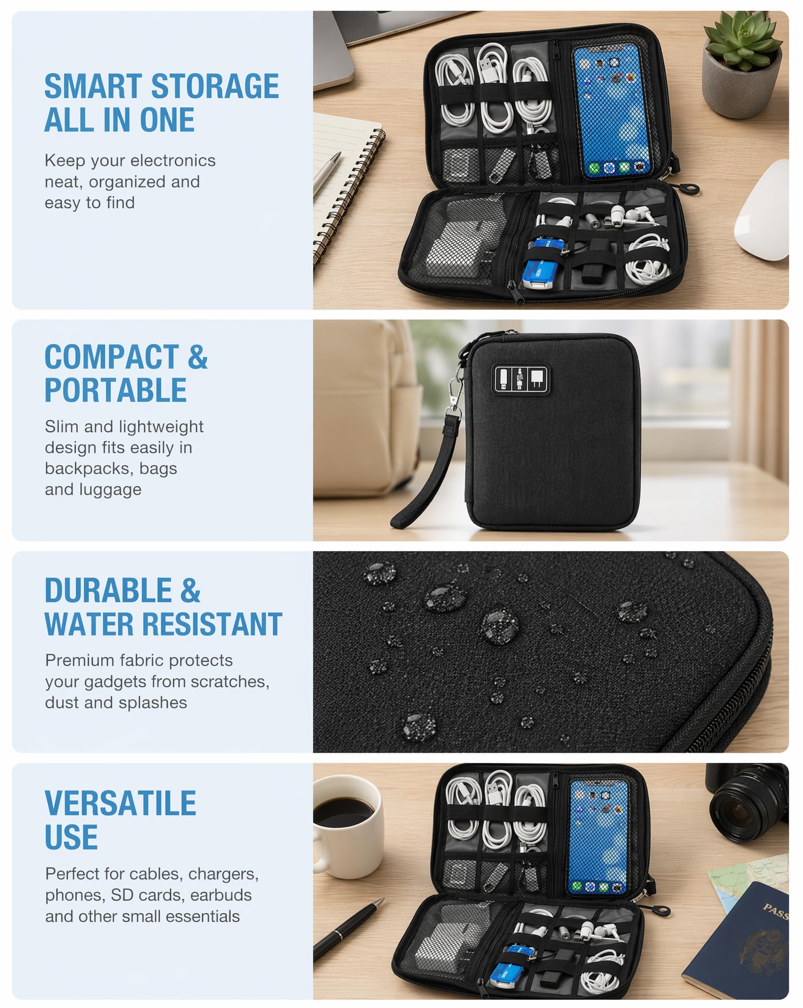 Organizador de cables de viaje, impermeable, portátil, organizador de accesorios electrónicos para cable USB, cargador de teléfono, auriculares, tarjeta SD con 5 bridas (negro)