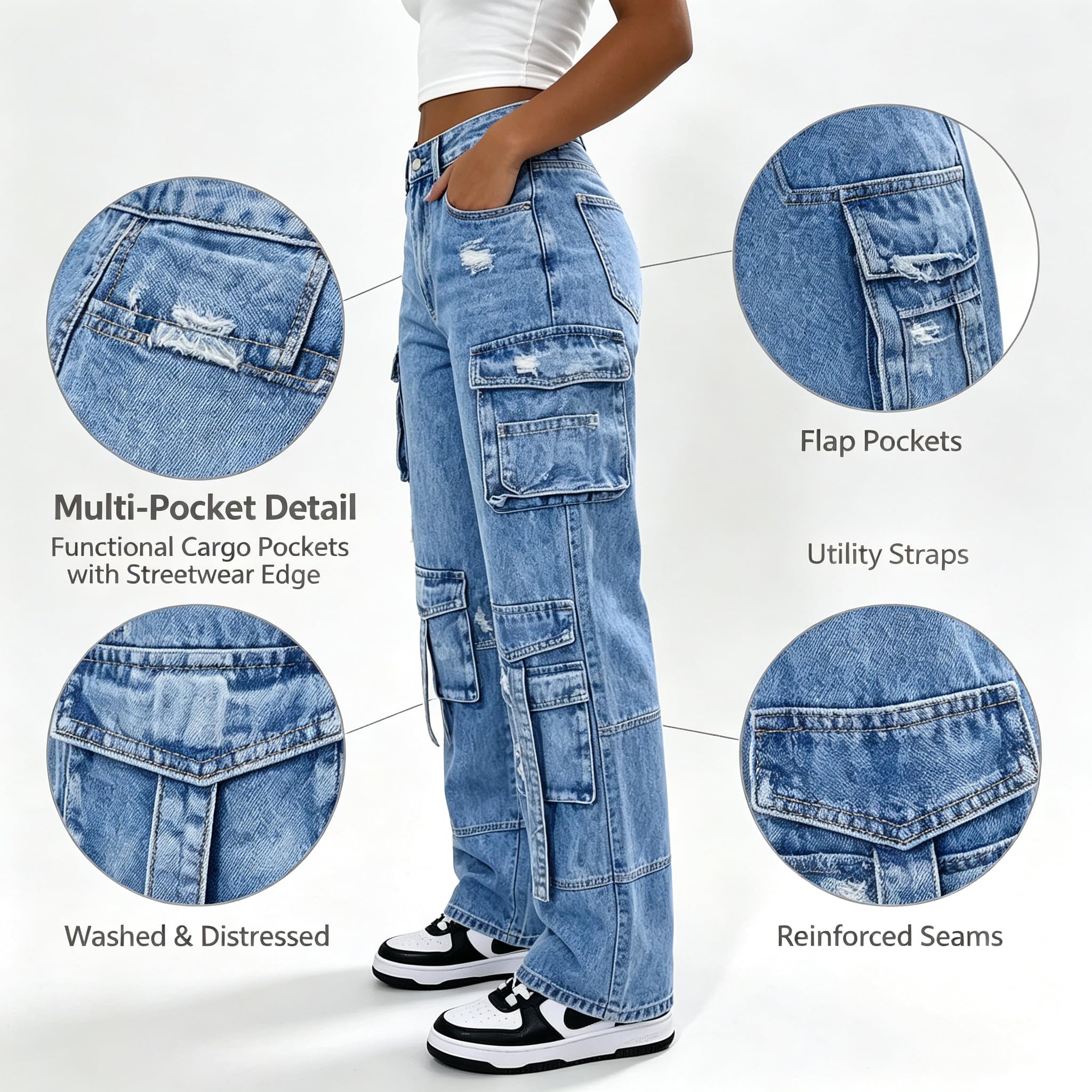 Jeans Donna Y2K Cargo con Tasche Denim Strappato Mid-Rise