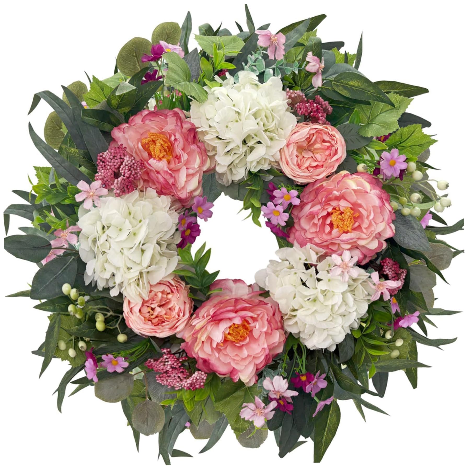 Elyebxj 22 Inch Spring Wreath, Hydrangea & Peonies Floral Wreath for Front Door, Handcrafted Elegant Welcome Wreaths for Outdoor & Indoor, Peonies Artificial Flowers