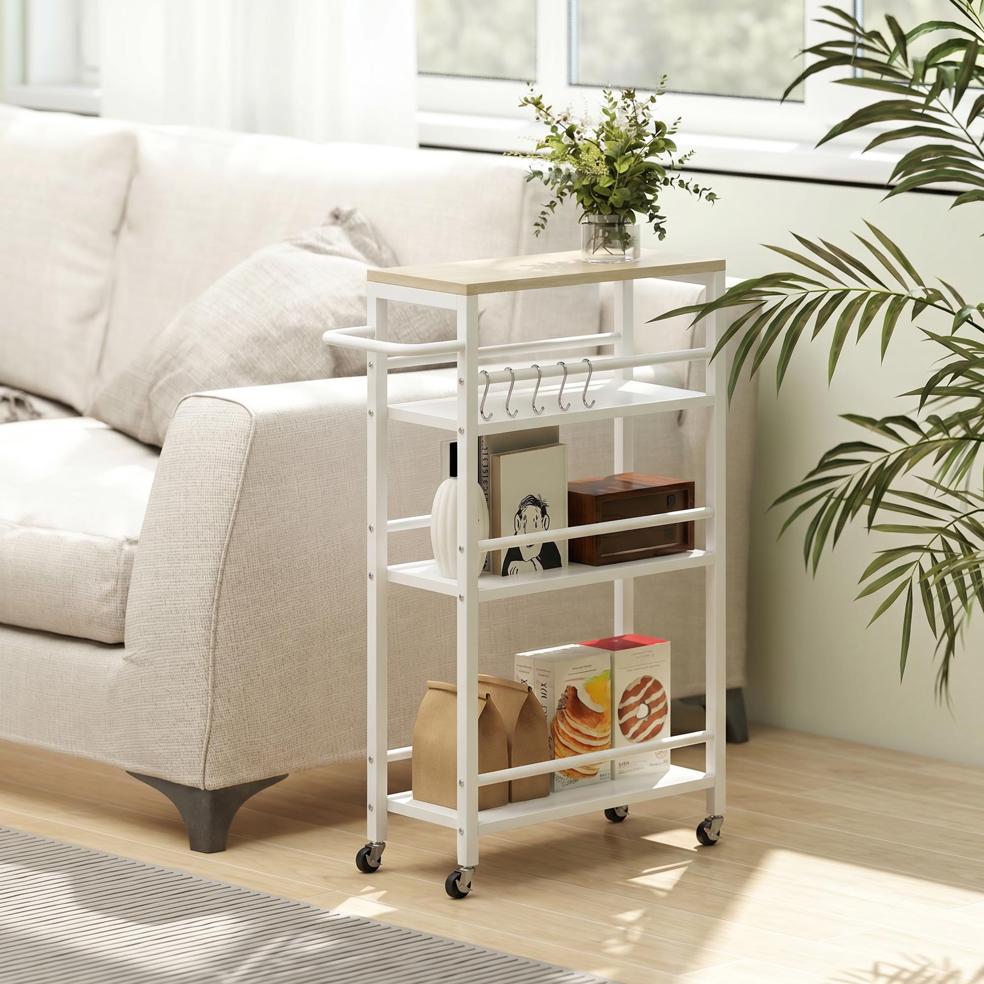 HOMCOM Carrito Auxiliar Ruedas de 4 Niveles con 6 Ganchos 50x20x81cm Roble | Carrito de Cocina con Toallero, Estrecho para Espacios Pequeños, Verduras, Frutas, para Comedor
