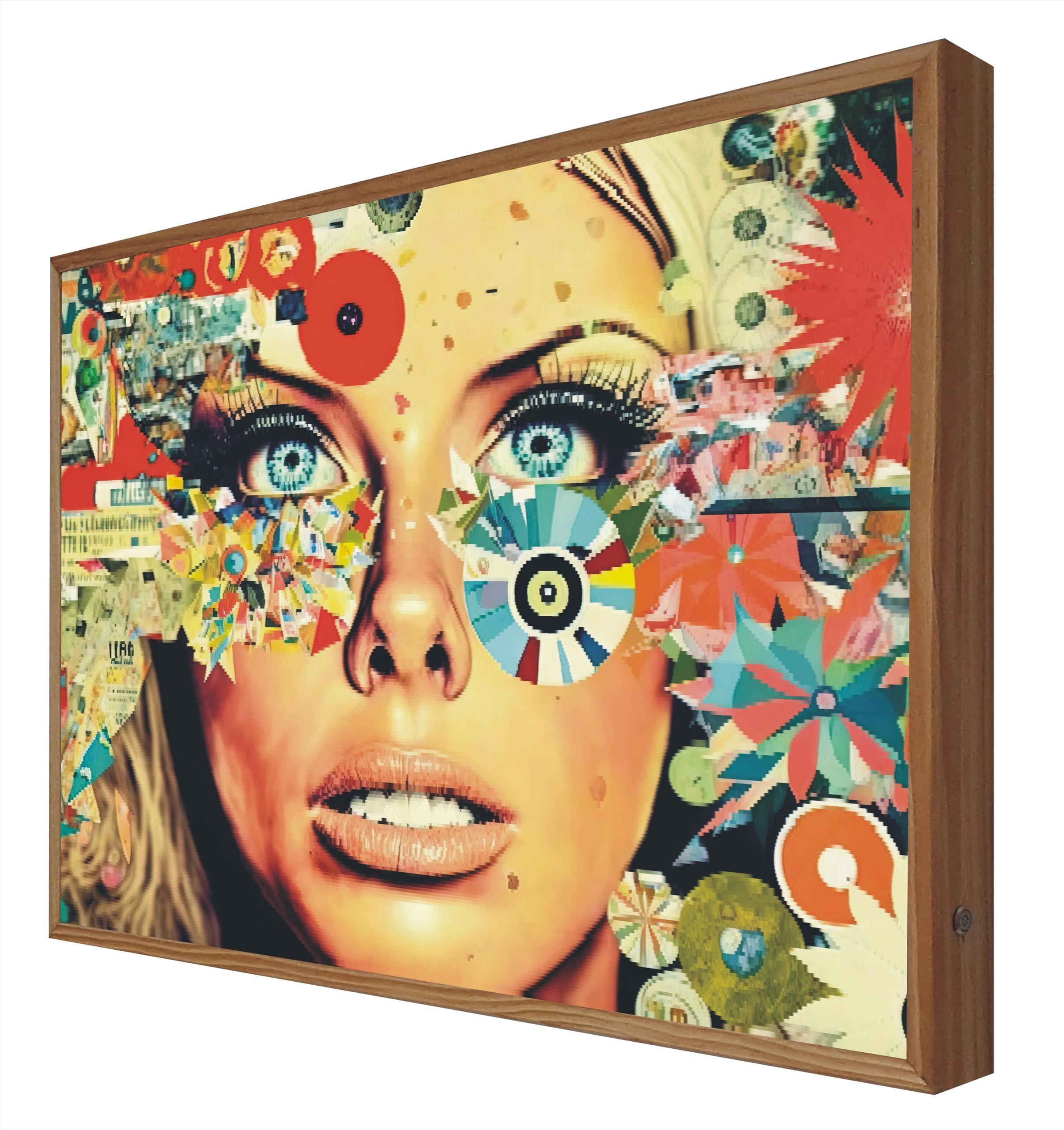 Tableau rétro-éclairé femme yeux bleus cadre bois déco murale lumineuse salon