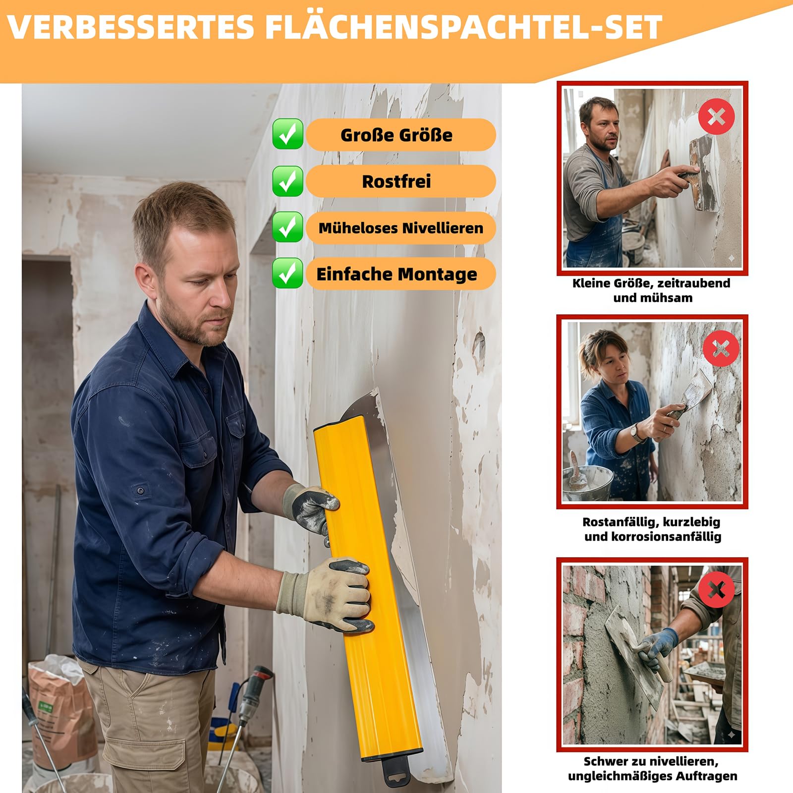 15 Stück Flächenspachtel Set, Flächenspachtel 15 cm/25 cm/40 cm/60 cm/80 cm | Edelstahl Spachtel Werkzeug, mit Teleskopstange & 5 Ersatz-Flächenspachtel, für Wandbearbeitung und Großflächiges Arbeiten