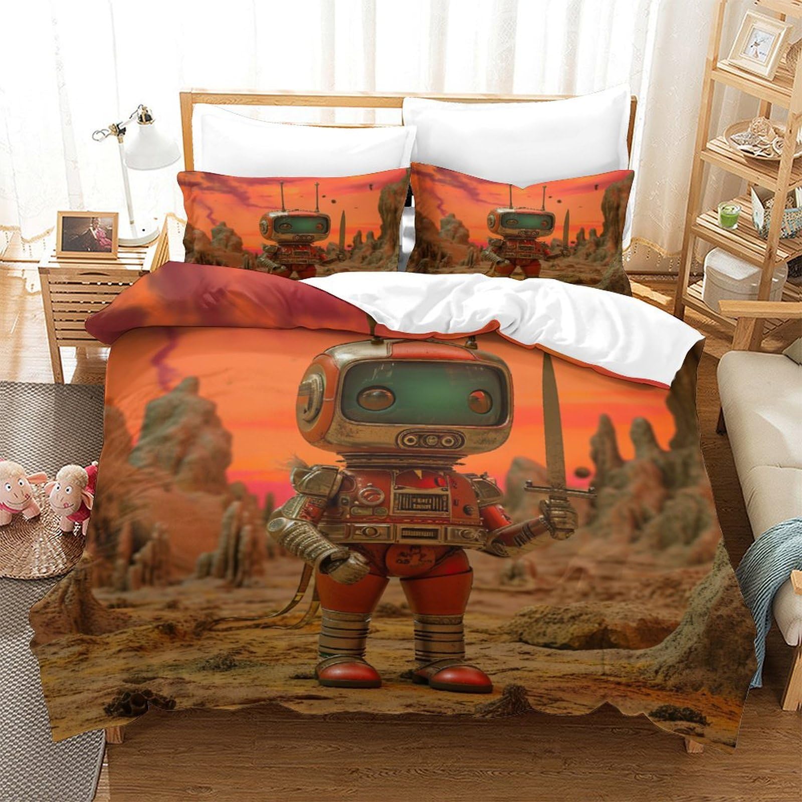 P1S9U7W5Y Retro Sci-Fi 3D Printed Robot Duvet Cover Set 3pcs Microfiber Space Landscape Bedding Set King（220x240cm）
