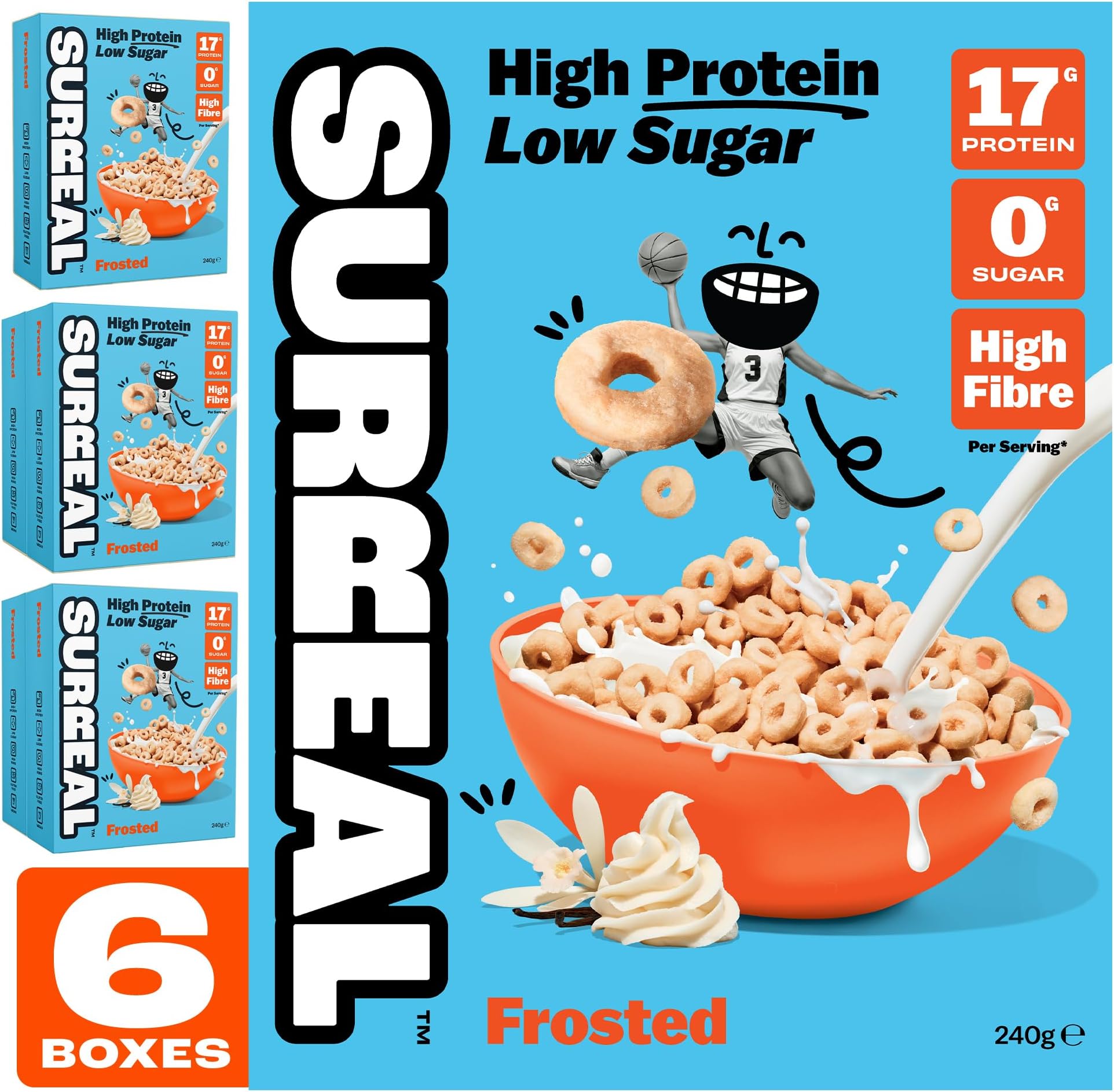 Frosted - High Protein Cereal 6 Pack - Zero Sugar- Healthy Plant Based Cereal - High in Fibre - Low Carb - Gluten Free - Vegan - 17g of Protein, 0g of Sugar - 240g per Box