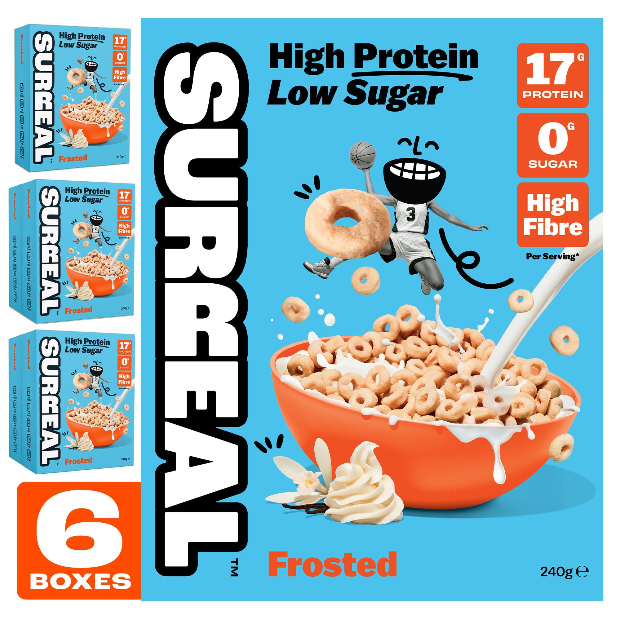 Surreal Frosted - High Protein Cereal 6 Pack - Zero Sugar- Healthy Plant Based Cereal - High in Fibre - Low Carb - Gluten Free - Vegan - 17g of Protein, 0g of Sugar - 240g per Box